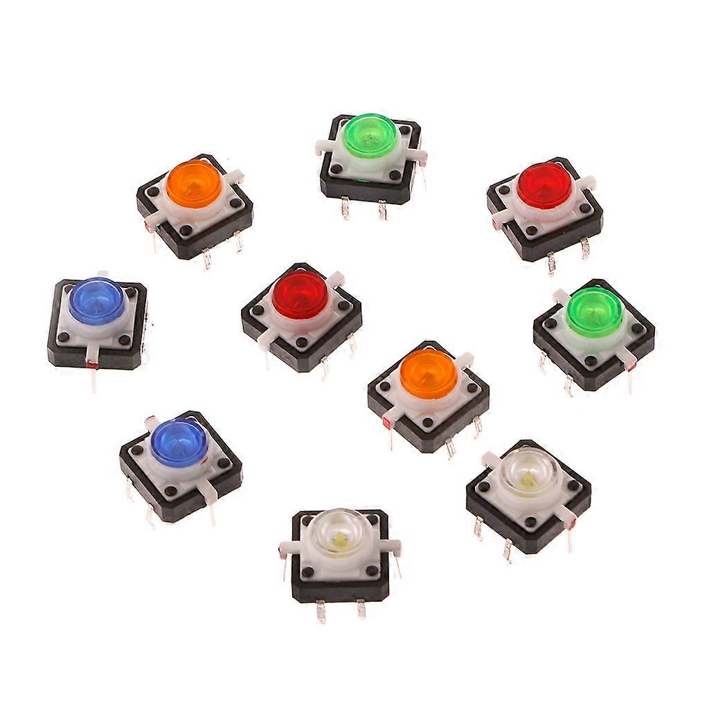 10 Pcs LED Light Momentary Tactile Tact Push Button Switch 12x12x7.3mm 5 Colors