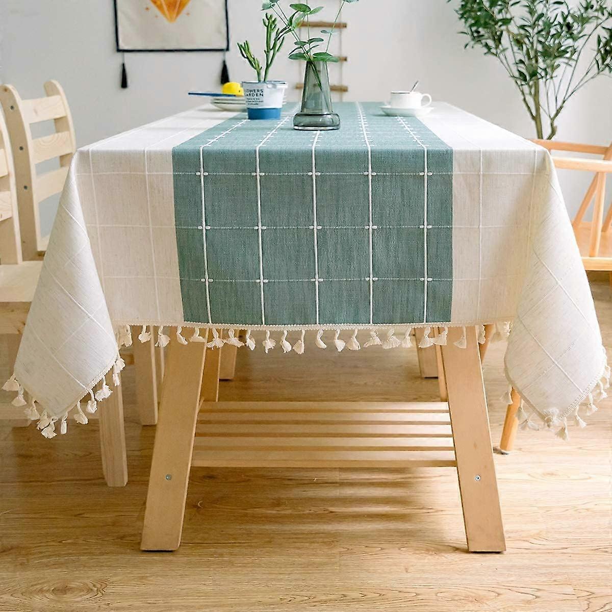 Solid Rectangular Cotton Linen Check Tablecloth with Tassels for Kitchen or Dining Room (140 x 220 cm, Green/White)