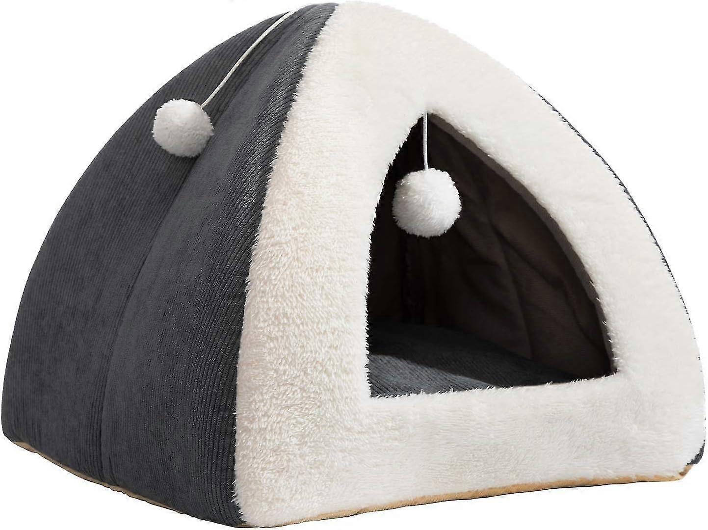 Cat Bed Kitten Bed - 2-in-1 Igloo Pet Bed with Cushion, Grey & White