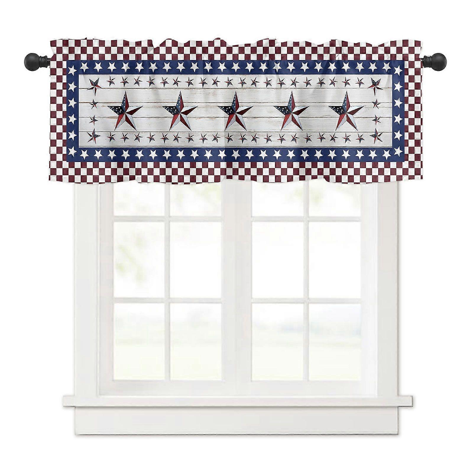 窗帘装饰杆口袋窗帘 7月4日独立日美国国旗日星星木制蓝色红色格子格子窗帘 Kitche