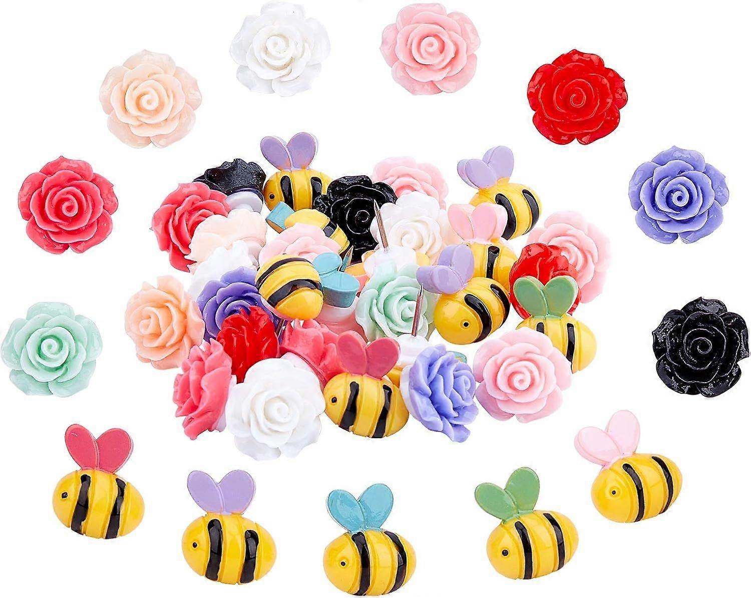 Rose Bees Pushpins 30 Pcs Colorful Resin Iron Map Pins for Photo Wall Feature Wall Whiteboard Cork Board Map Bulletin Board Office or Home