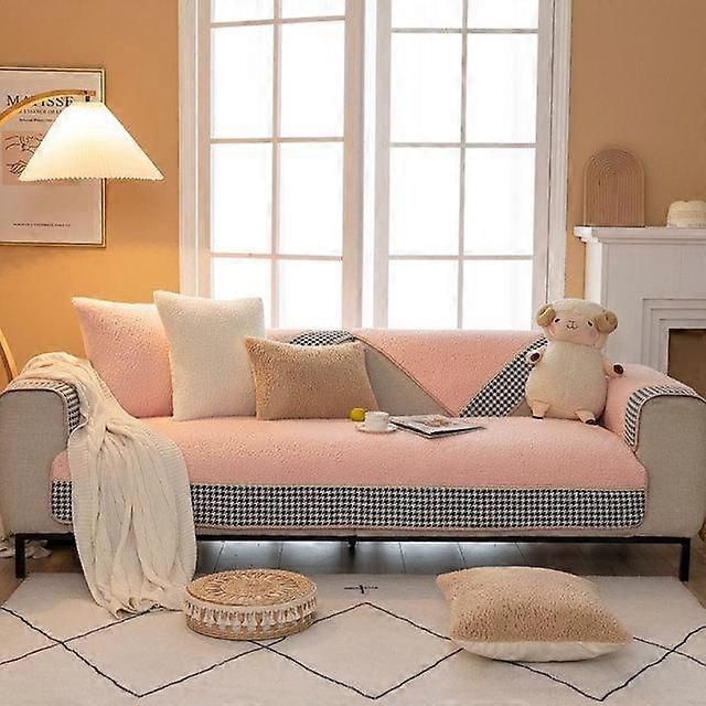 Modern Plaid Plush Sofa Cover Velvet Lamb Cashmere Non -Slip Couch Slipcover Single Chair Cover Winter Soft In Beige