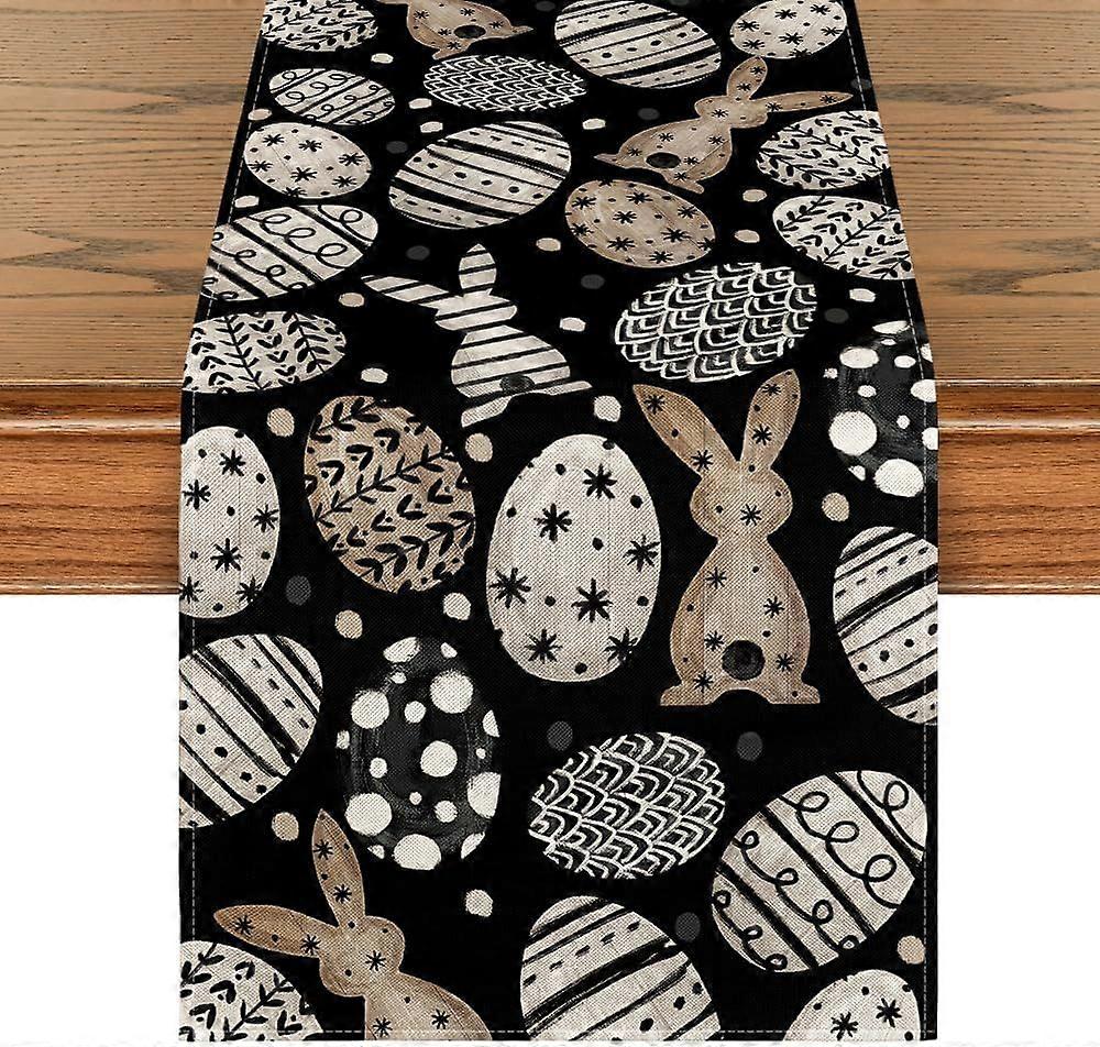 PCS 33x183cm Black Table Runner - Bunny Pattern - Easter Eggs - Spring Kitchen Table Decoration - Home Decor, Holiday, Party - 33x183cm