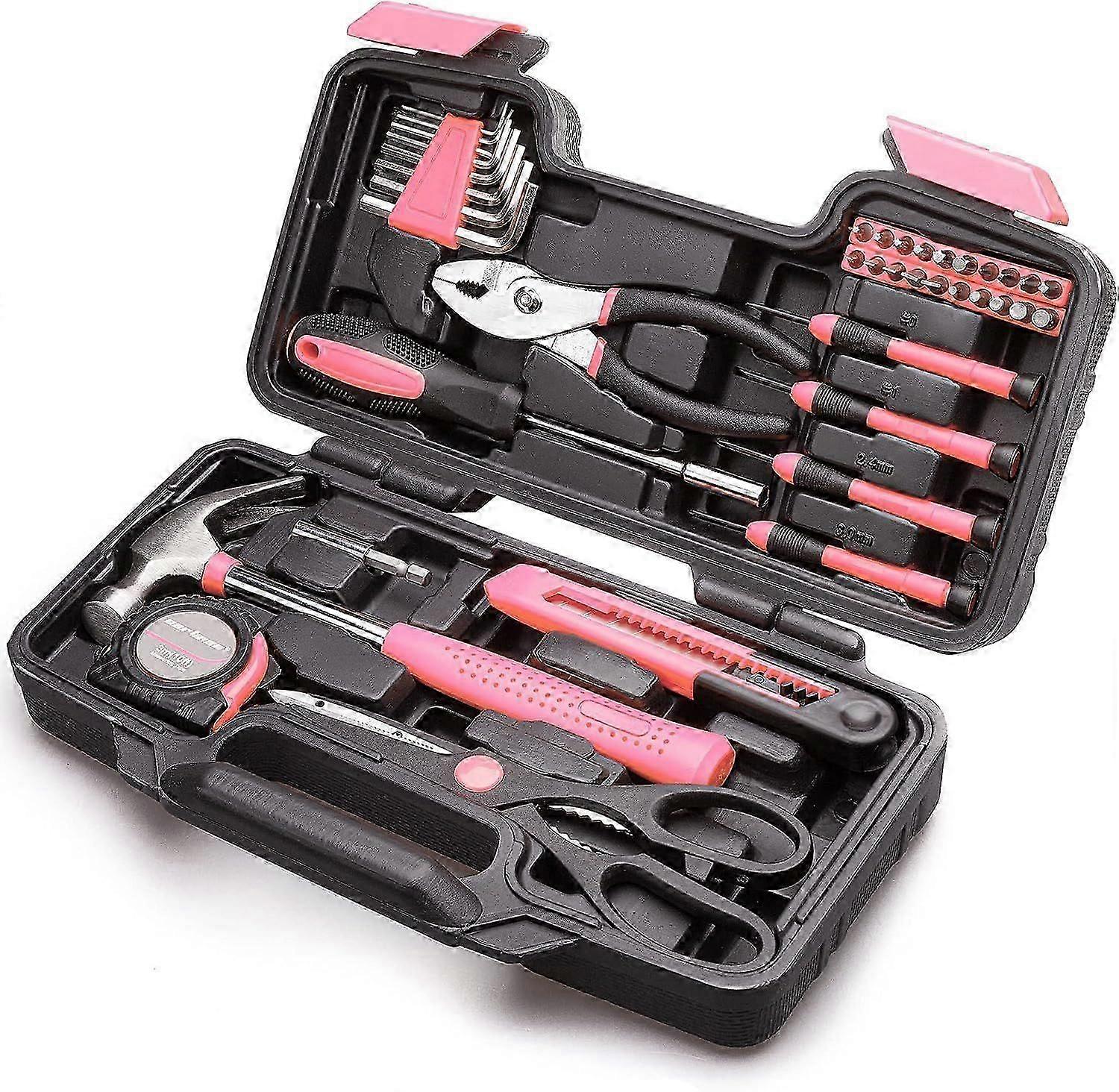 Set of 39 Tool Set General Household Hand Tool Kit with Plastic Toolbox Storage Case Pink