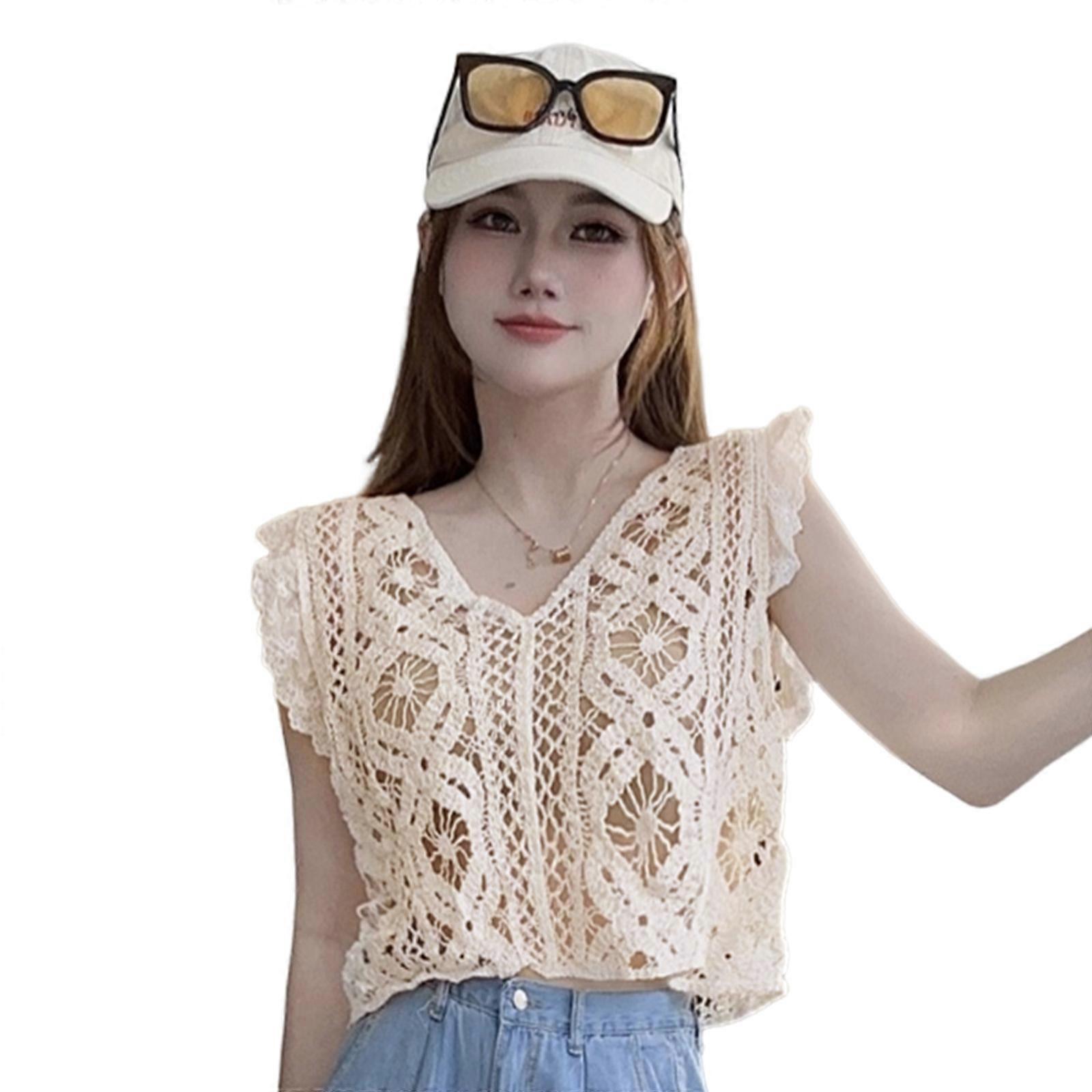 Fashionable and Comfortable Sleeveless Knitwear Cotton Vest Hollow out Blouses for Fashionistas  apricot