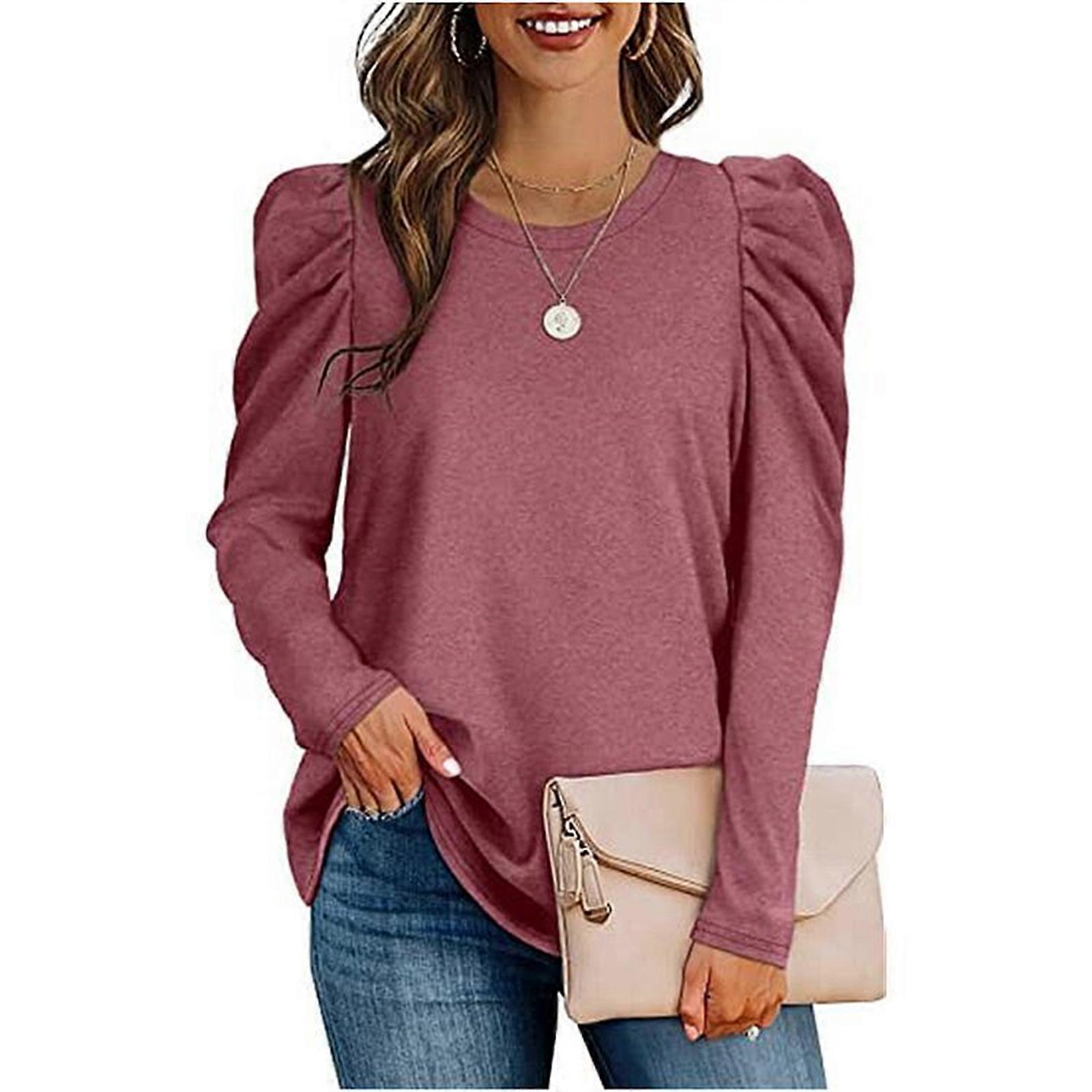 Femmes Puff Sleeve Casual Solid Top Pull Printemps Automne Casual Blouse Brique rouge XL