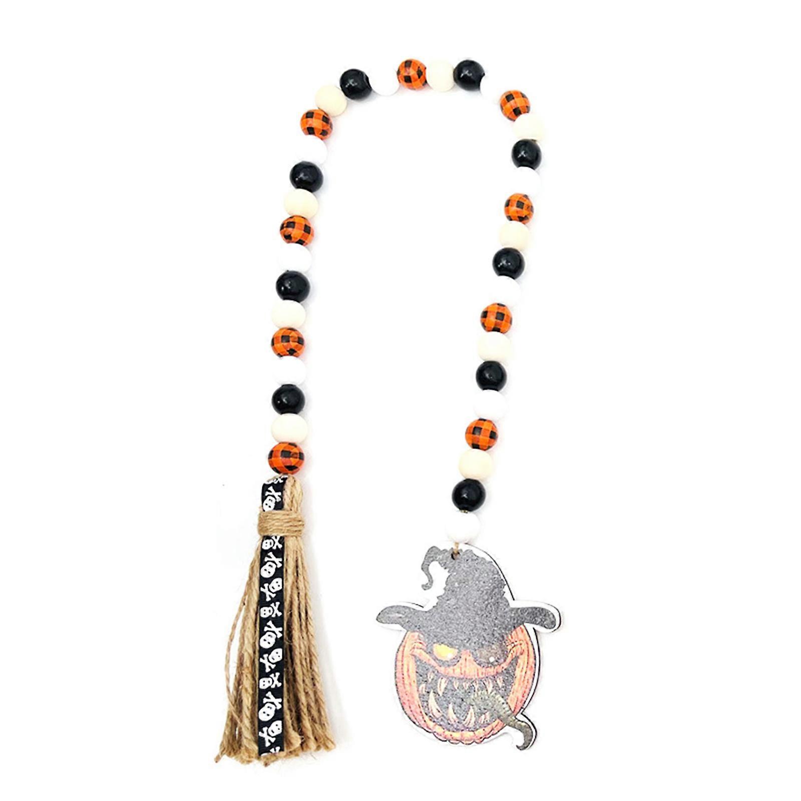 Rustic Halloween Beads Garland with Tassels Tiered Tray Decor Natural Fall String Hanging Decor for Shelf Displays