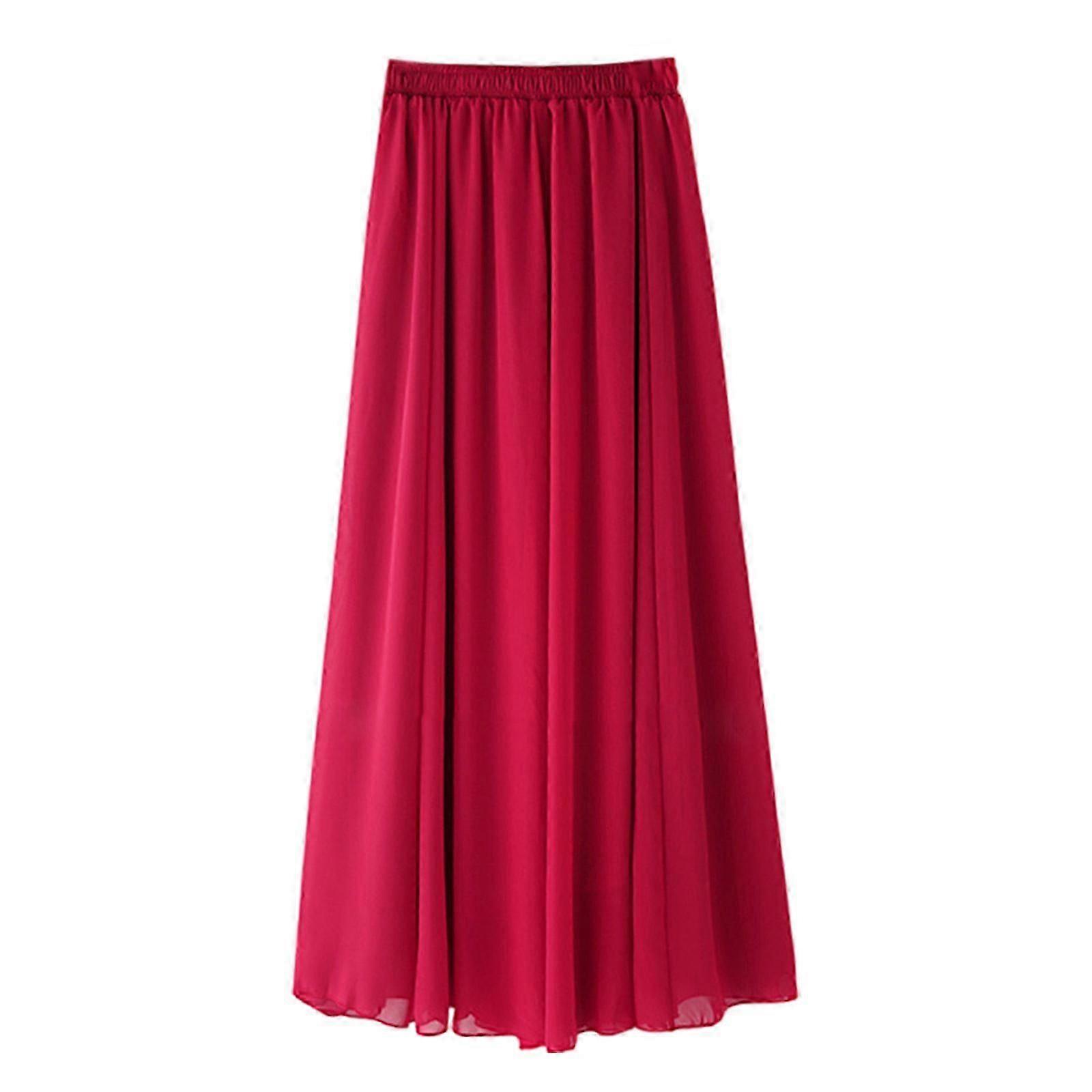 Dame Chiffon Elastisk Høj Talje Flydende Midi Lang Nederdel Afslappet Helfarve En linje Plisseret Flared Swing Nederdele Gade Vinrød S