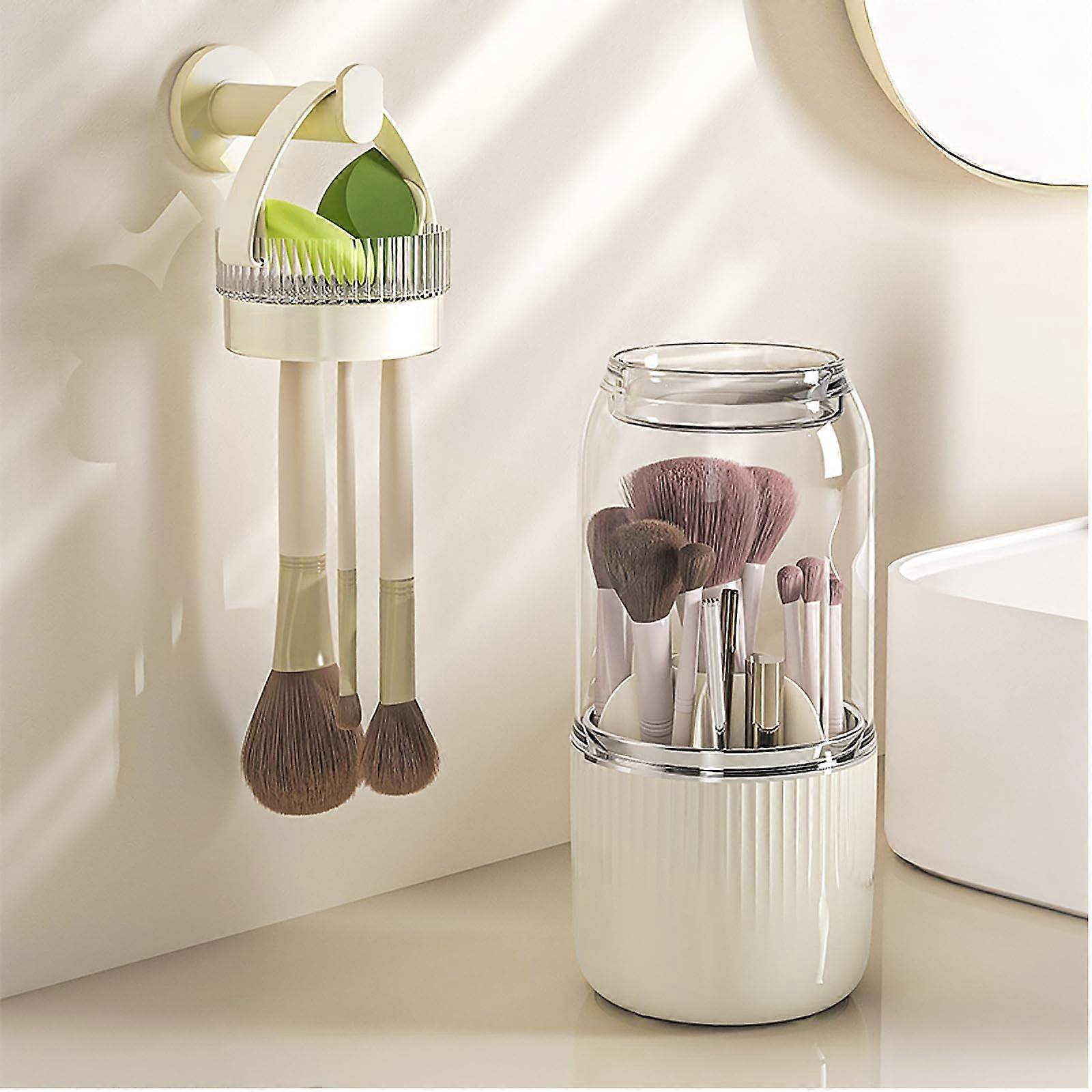 360° Rotating Makeup Brush Holder Organizer, Cleaning with Drying Function, Cosmetic Display Case(Cream)