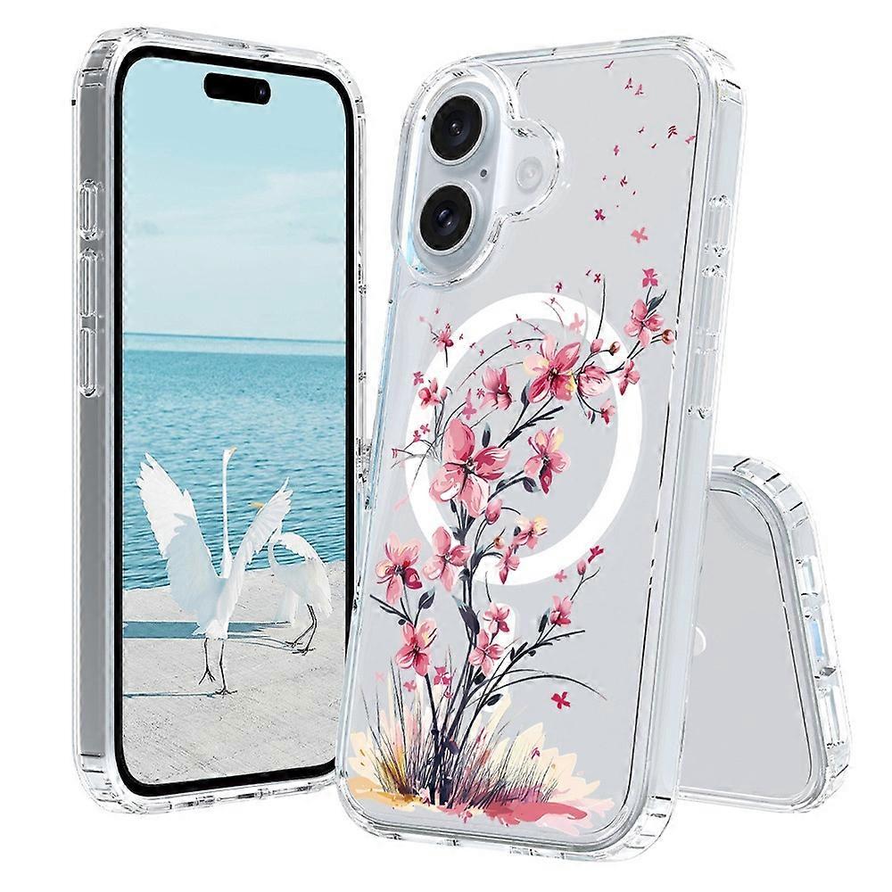 For iPhone 16 Plus Case Compatible with MagSafe Flower Pattern Printing TPU+PC Phone Cover