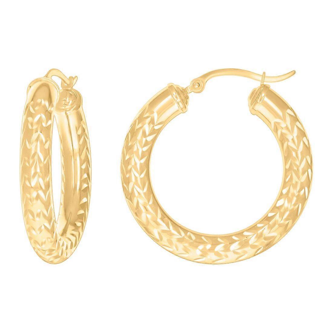 10Kイエローゴールドレディーススパークルカットラウンドチューブパターンフープイヤリング女性用31x5mmワイドフープイヤリング