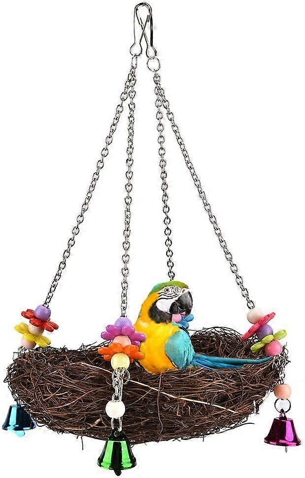 Natural straw bird swing nest, bird swing with bells for parrot macaw budgie parakeet