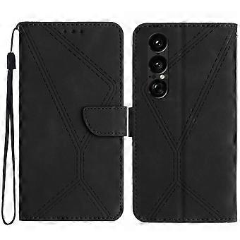 Compatible For Sony Xperia 1 VII Case Skin Touch Lines Imprinted PU Leather Flip Phone Cover
