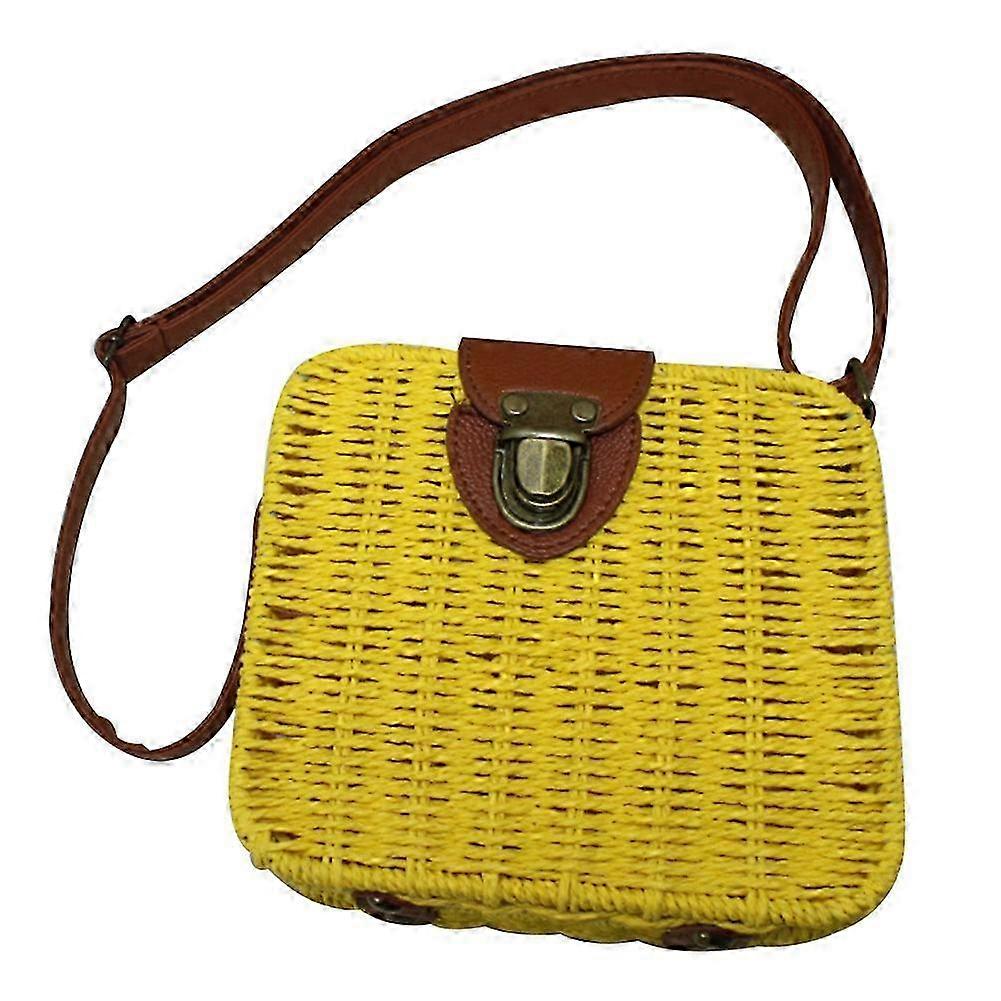 レディース イエロー ウーブン ストロー スクエア ショルダーバッグ