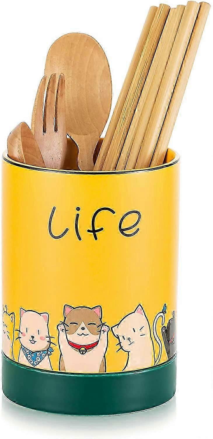 Kitchen Utensil Holder, Ceramic Cutlery Holder With Cute Cat Pattern, Convenient Kitchen