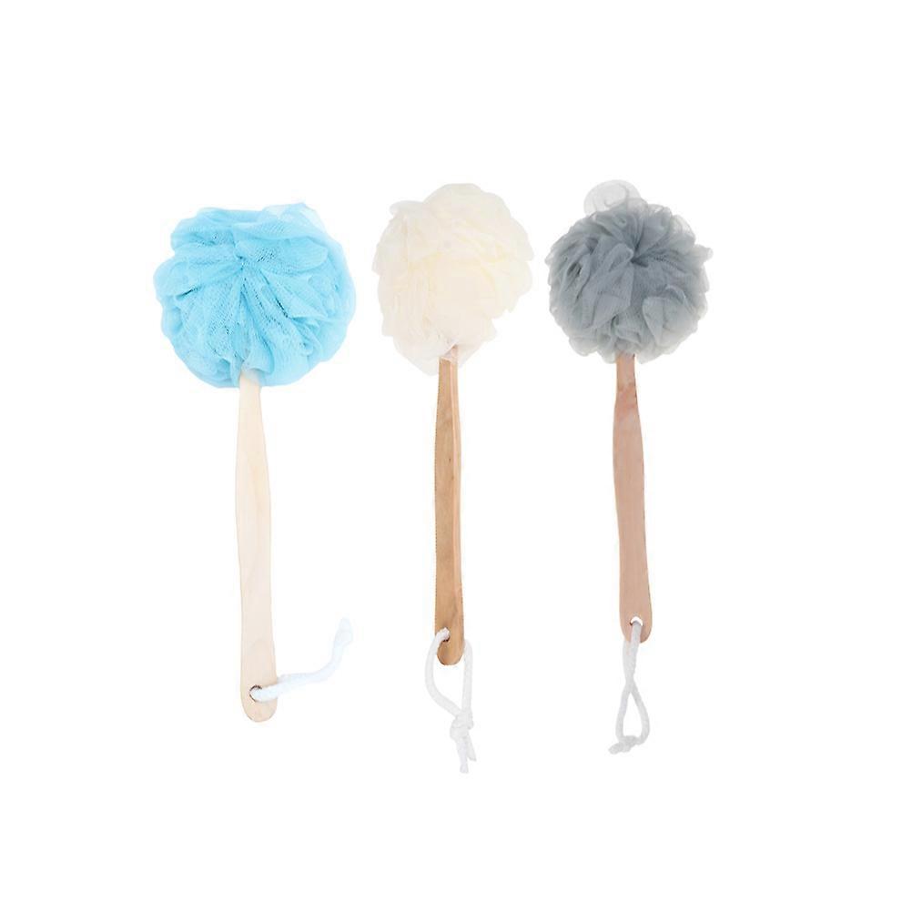 3pcs Long Handle Bath Balls Shower Puff Scrubber for Gentle Exfoliation – Ergonomic Design, Grey Blue White – For All Skin Types