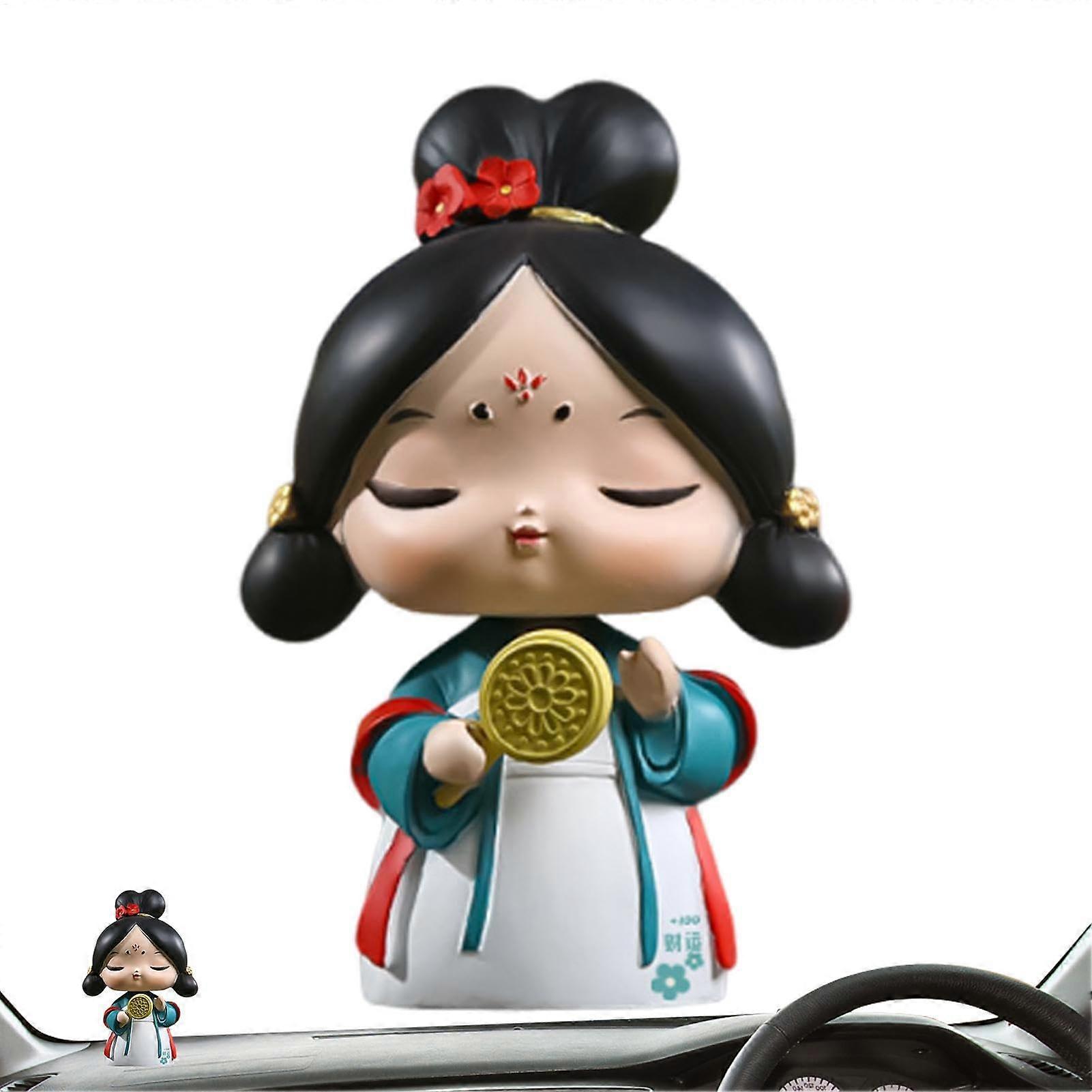 Resin Table Decoration with Bobblehead, Chinese Style Girl Sculpture for Car Interior, Desk, and Mantel Display