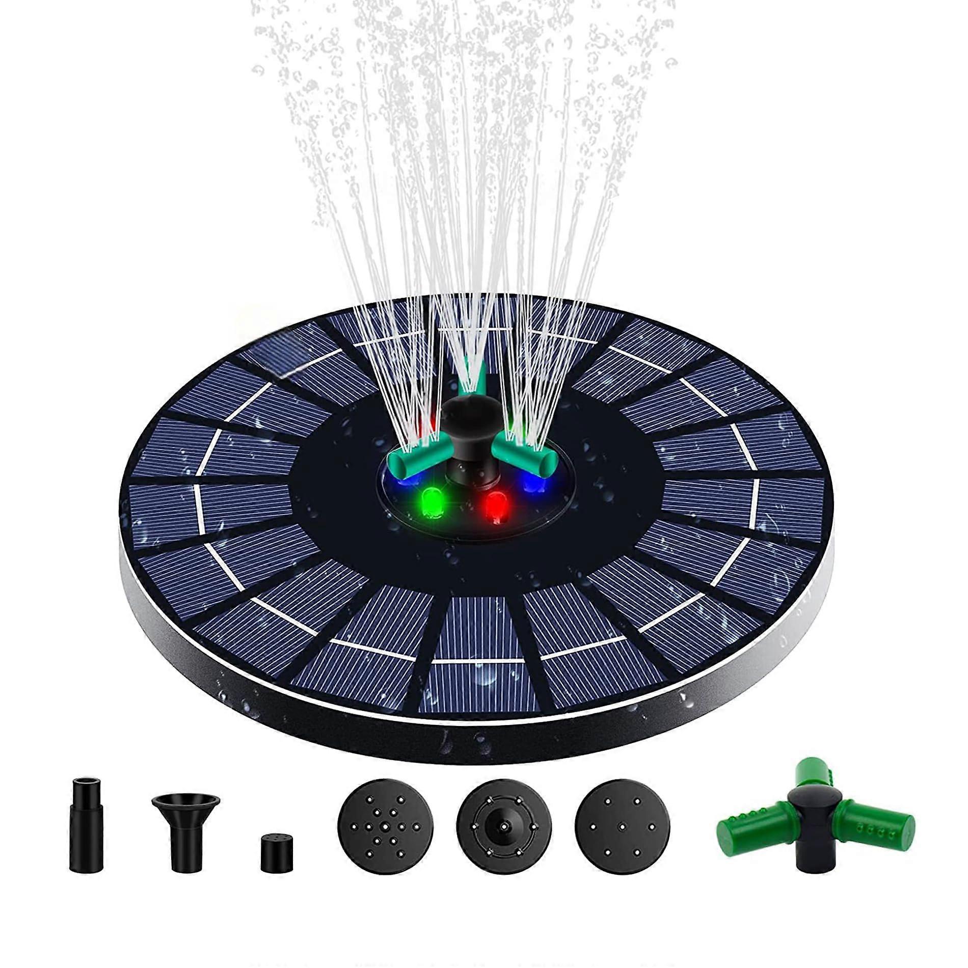 Solar fountain pump with LED light 4W, 6 regular nozzles, 1 rotating nozzle for bird bath, garden, pool, pond, 18cm/7.1'.