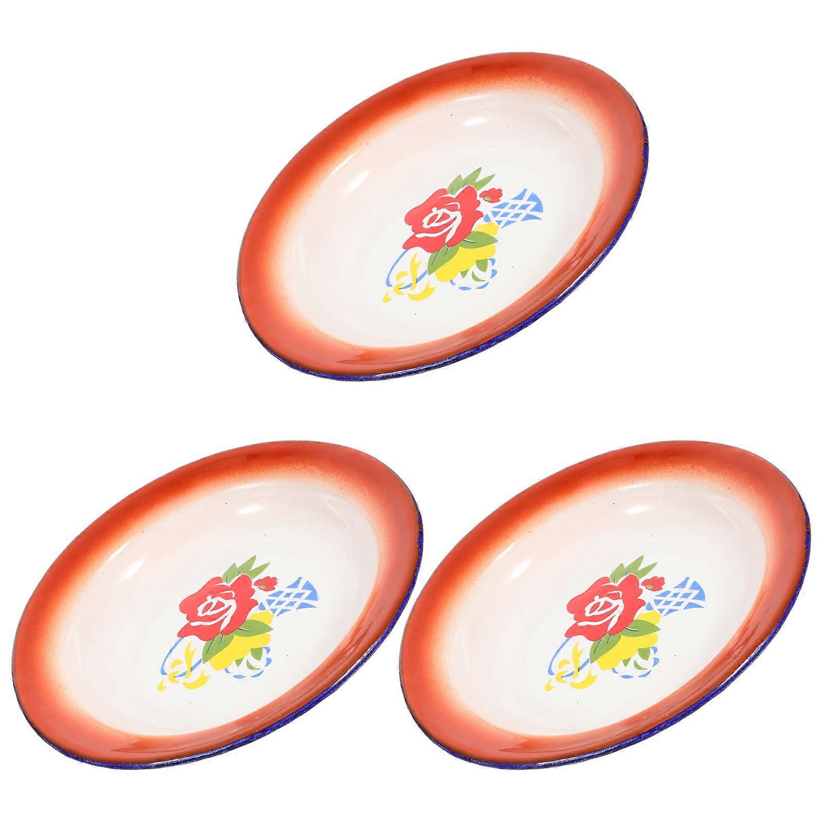 3pcs Vintage Enamel Snack Plates Random Floral Design Food Serving Trays Retro Chinoiserie Style Tableware Enamelware