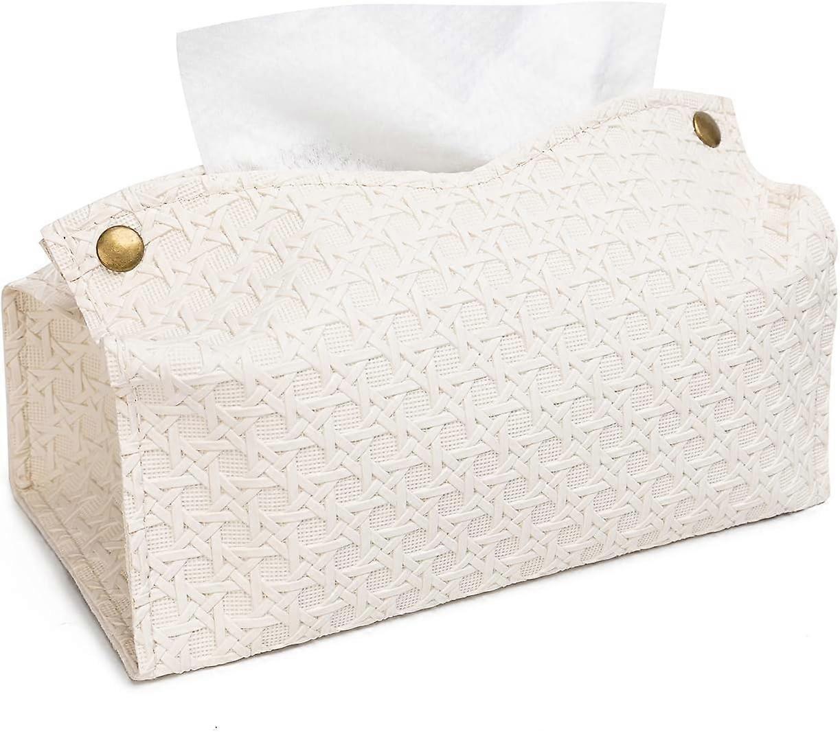 ZENGO Tissue Box Cover, Modern PU Leather Rectangular Tissue Holder, Weaving Pattern Wipes Holder (Beige)