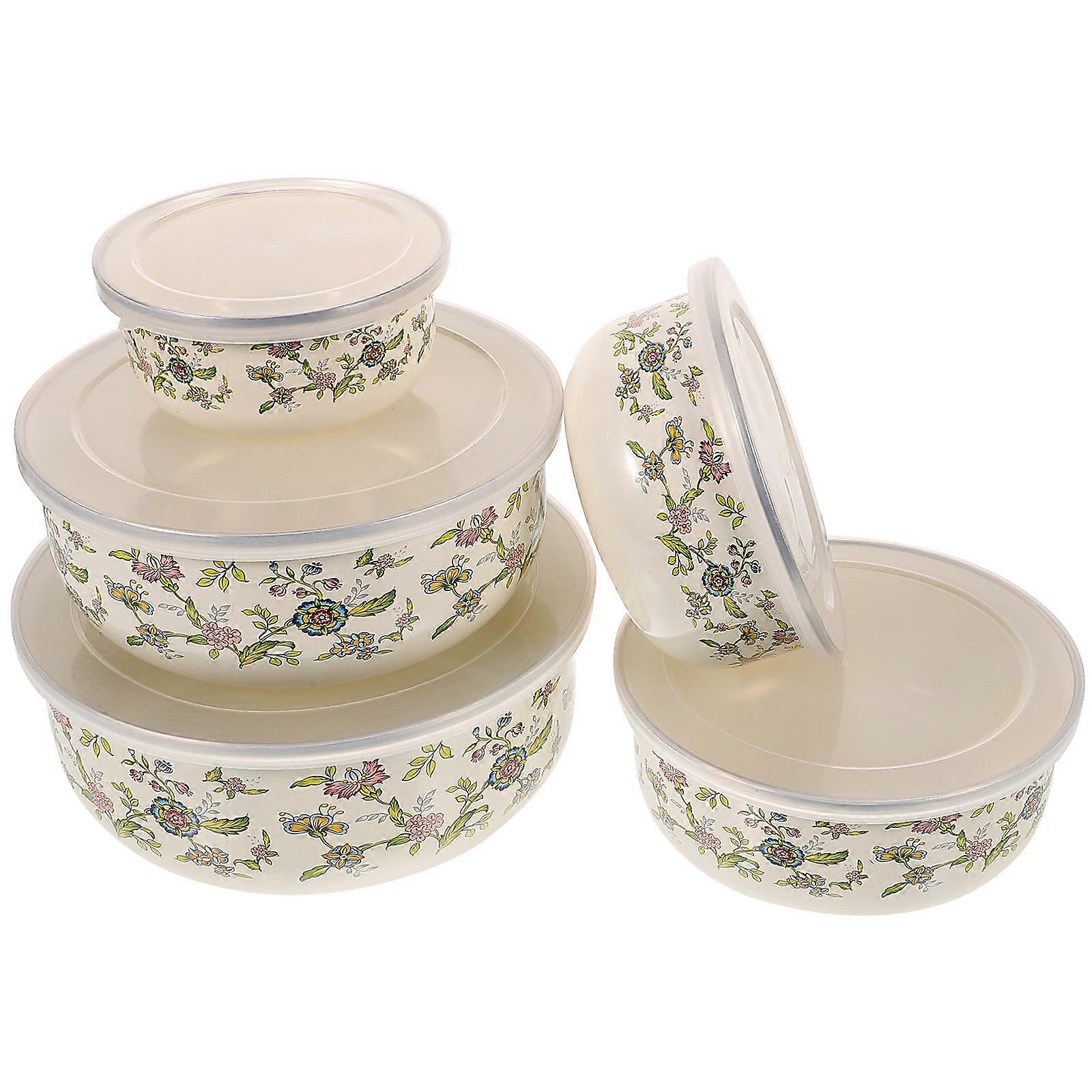 5pcs Enamel Mixing Bowls with Lids – Multi Sized Food Storage Containers for Mixing, Serving, Refrigeration – Versatile Soup, Salad, Fruit Bowls with