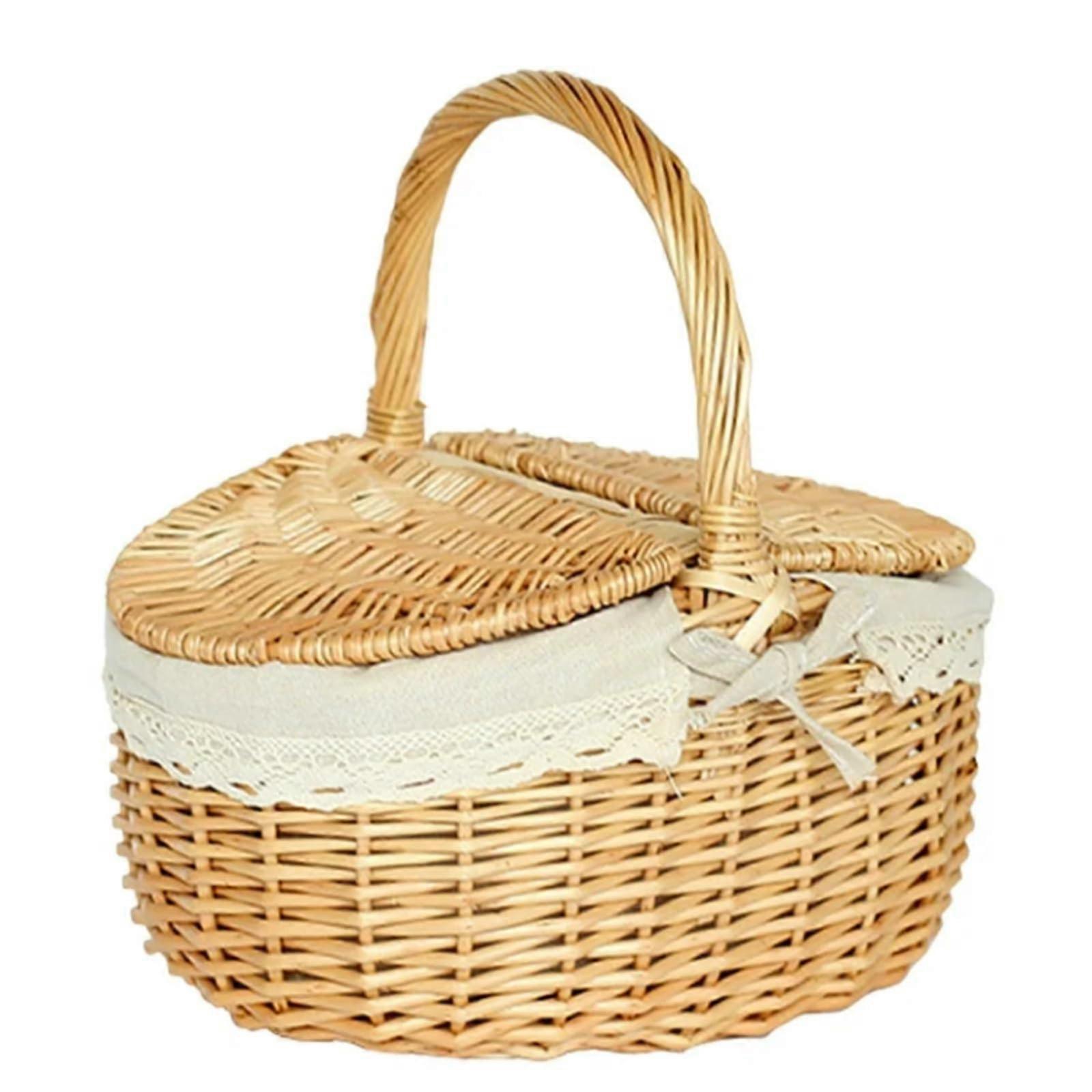 Portable, large, oval willow basket, picnic basket, rustic style, storage basket with lid