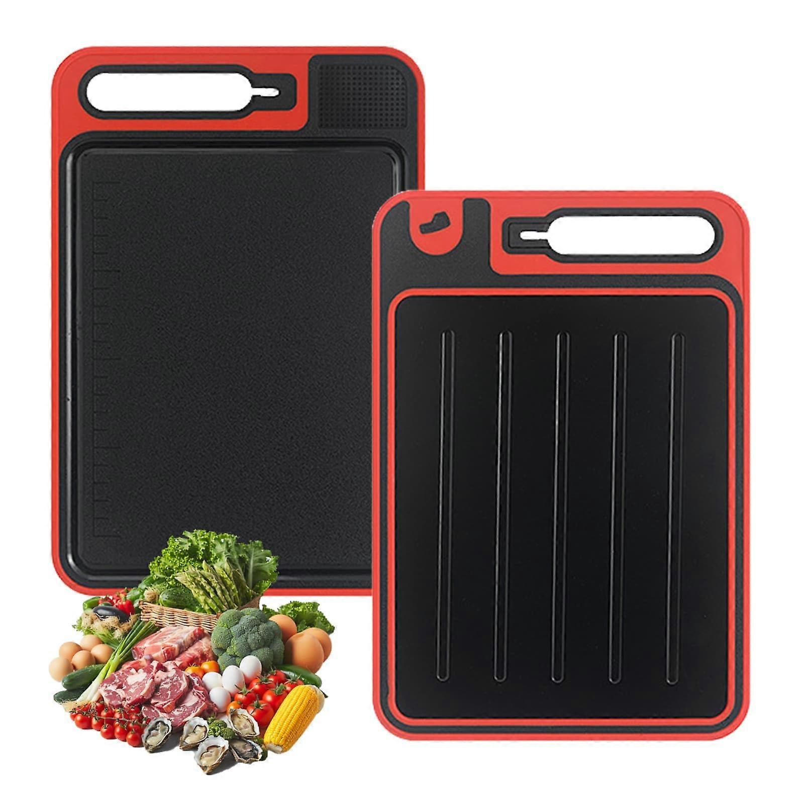 4in1 Miracle Melt Auftaubrett, doppelseitig als Schneidebrett mit Reibe, Spitzer, Miracle Melt Auftauplatte für Fleisch, Fisch und Lebensmittel (rot)
