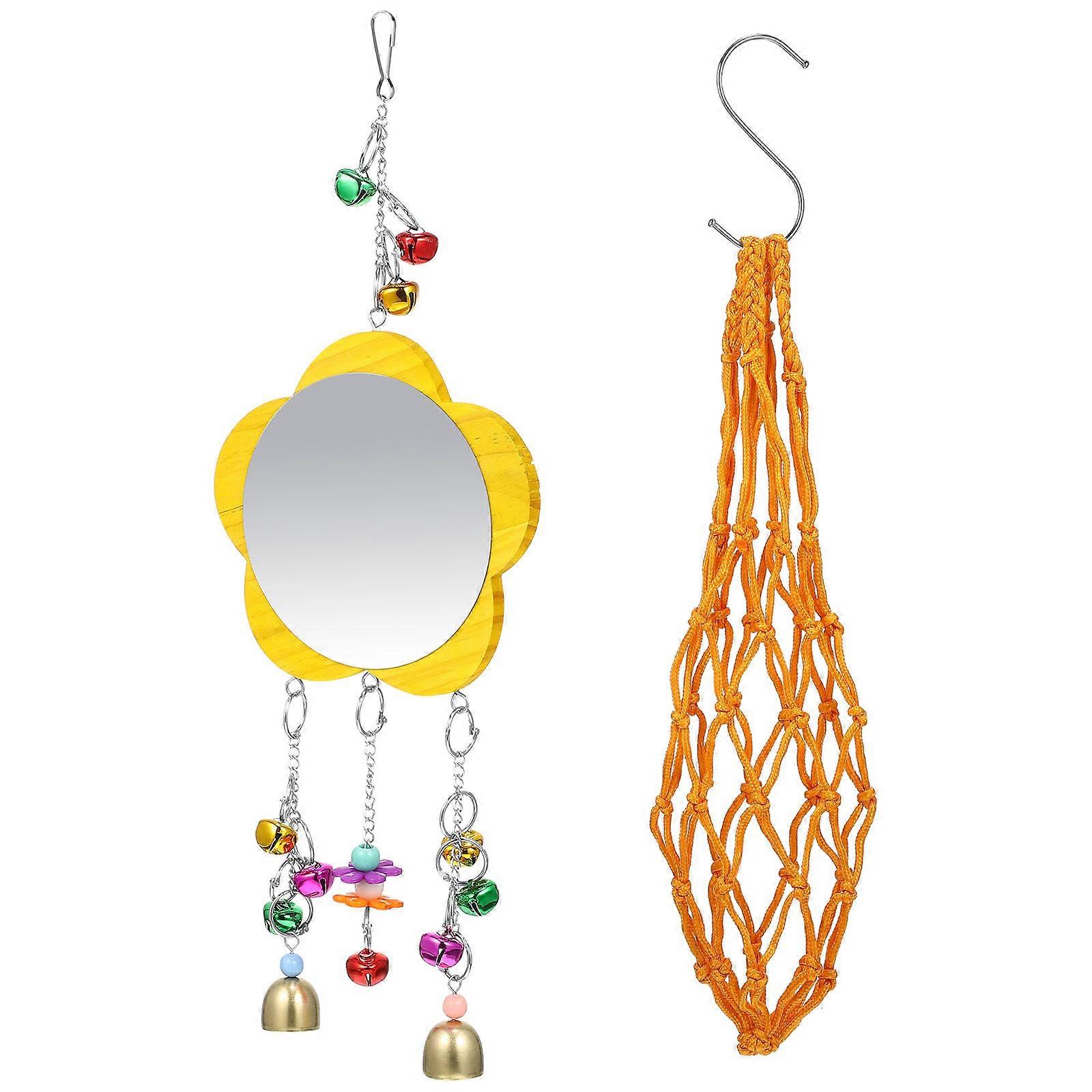 Yellow Hanging Chicken Feeder Net Bag with S Hook and Natural Wood Mirror with Bells for Hens, Geese, and Poultry Coop Foraging Enrichment