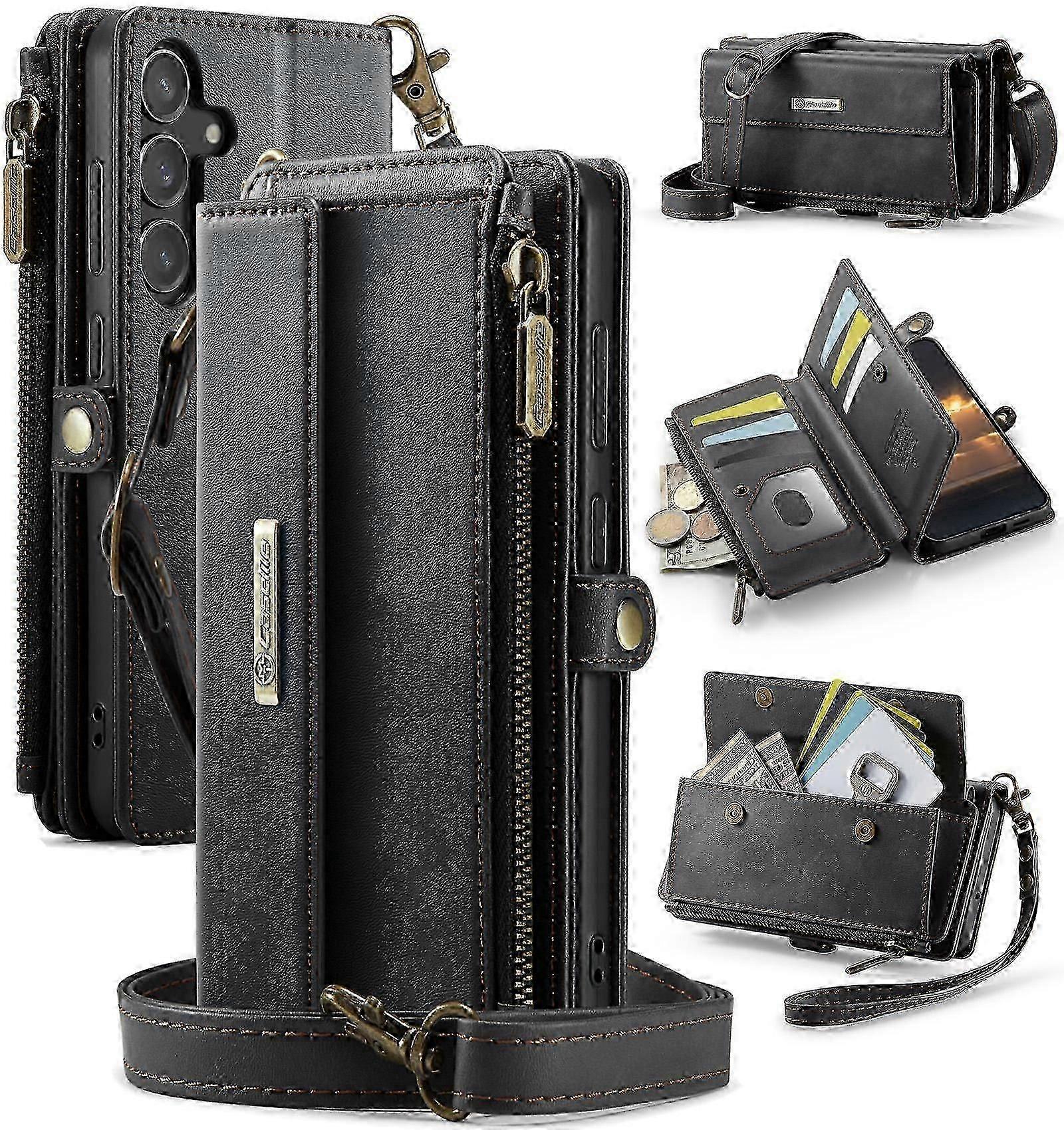 CaseMe C39 RFID Blocking Zipper Wallet Leather Phone Case with Crossbody Strap