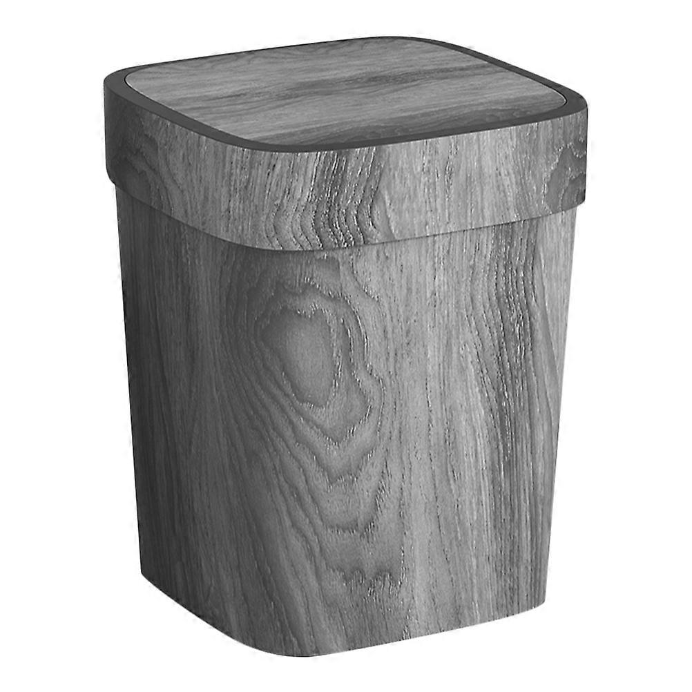 Retro Wood Grain Swing Lid Trash Can for Home Use Plastic Grey Medium Capacity