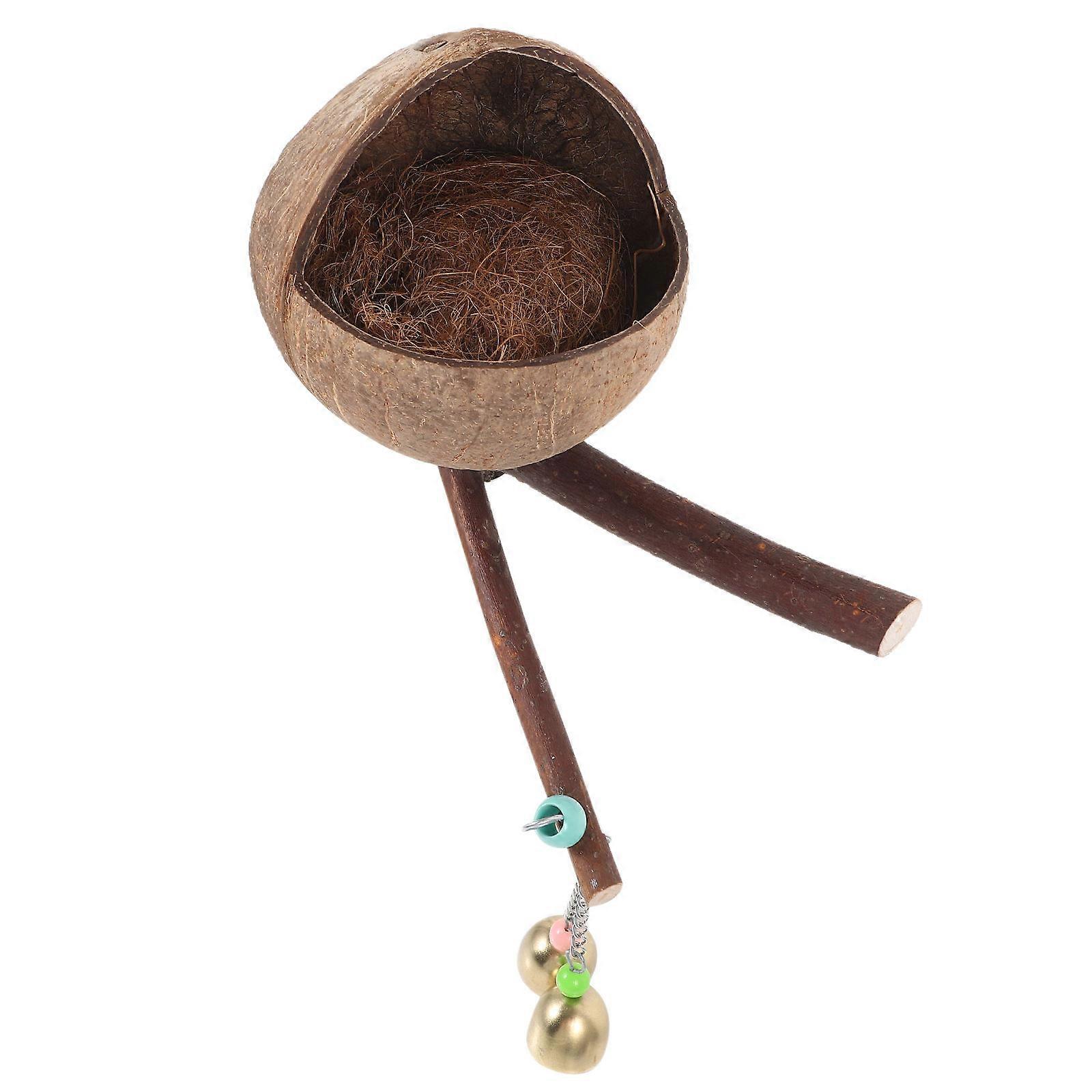 Coconut Shell Bird Nest with Perch for Small Birds Like Parrots and Canaries Light Brown