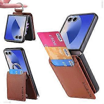 For Samsung Galaxy Z Flip7 5G Phone Case Card Holder Bracket PU PC Phone Case with Ring (Brown, Brown)