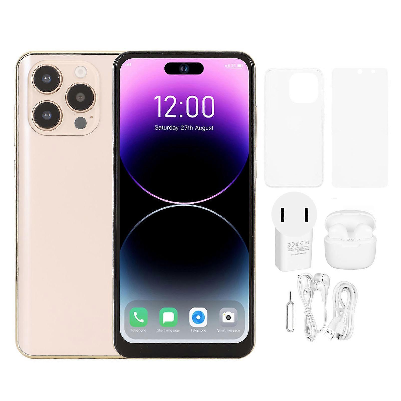 15promax 6.6 inch Ultra Slim Phone Face Unlock 4G LTE Bluetooth Earphone 8GB/128GB 8MP/24MP Octa Core MT6735 CPU Android 13 100-240V Gold US Plug