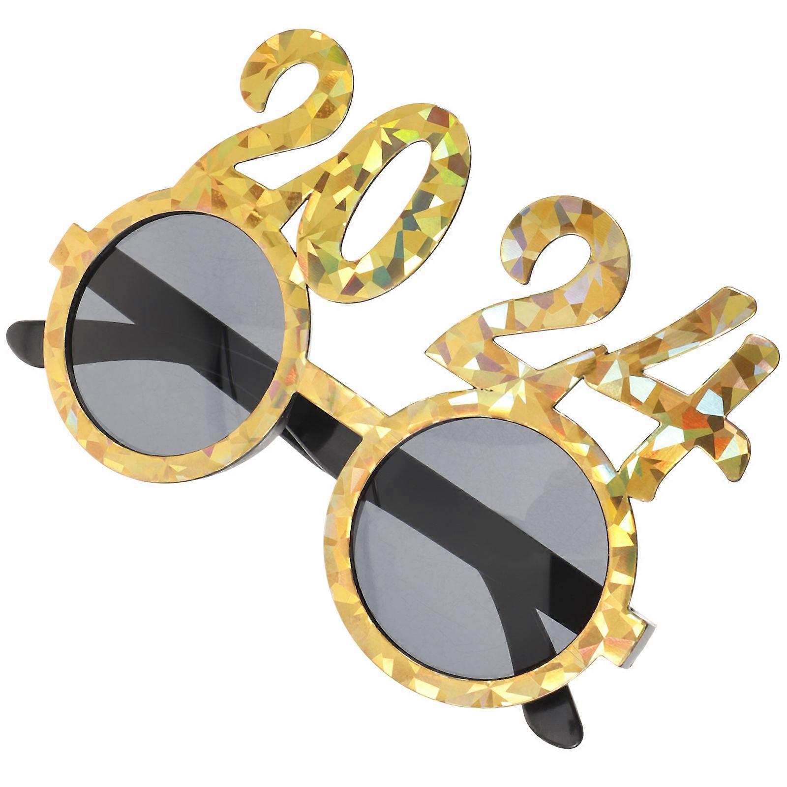 2024 New Year Glasses Party Eyeglass Props for Decoration 2Pcs Golden Plastic