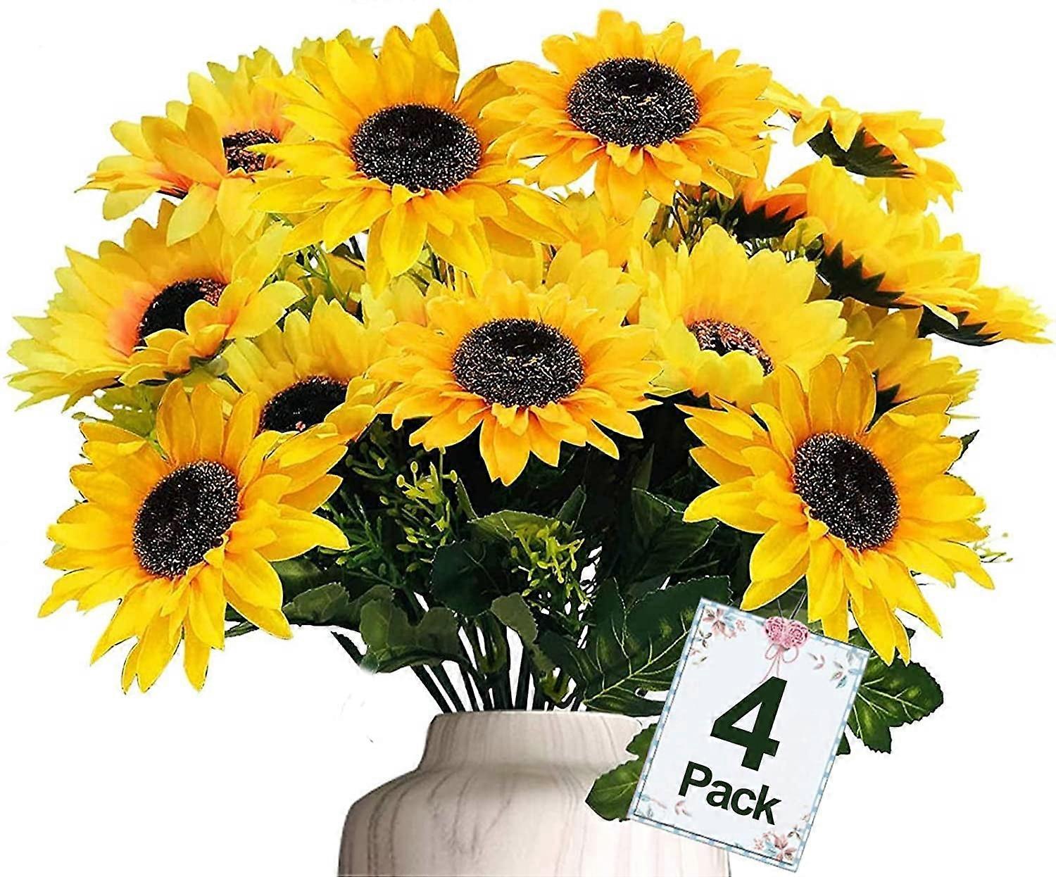 Limei 4 Bouquet 28 Heads Sunflowers Artificial Flowers Bulk, Silk Sunflower Bouquet Arrangement for Vase Wedding Table Home Porch Decor