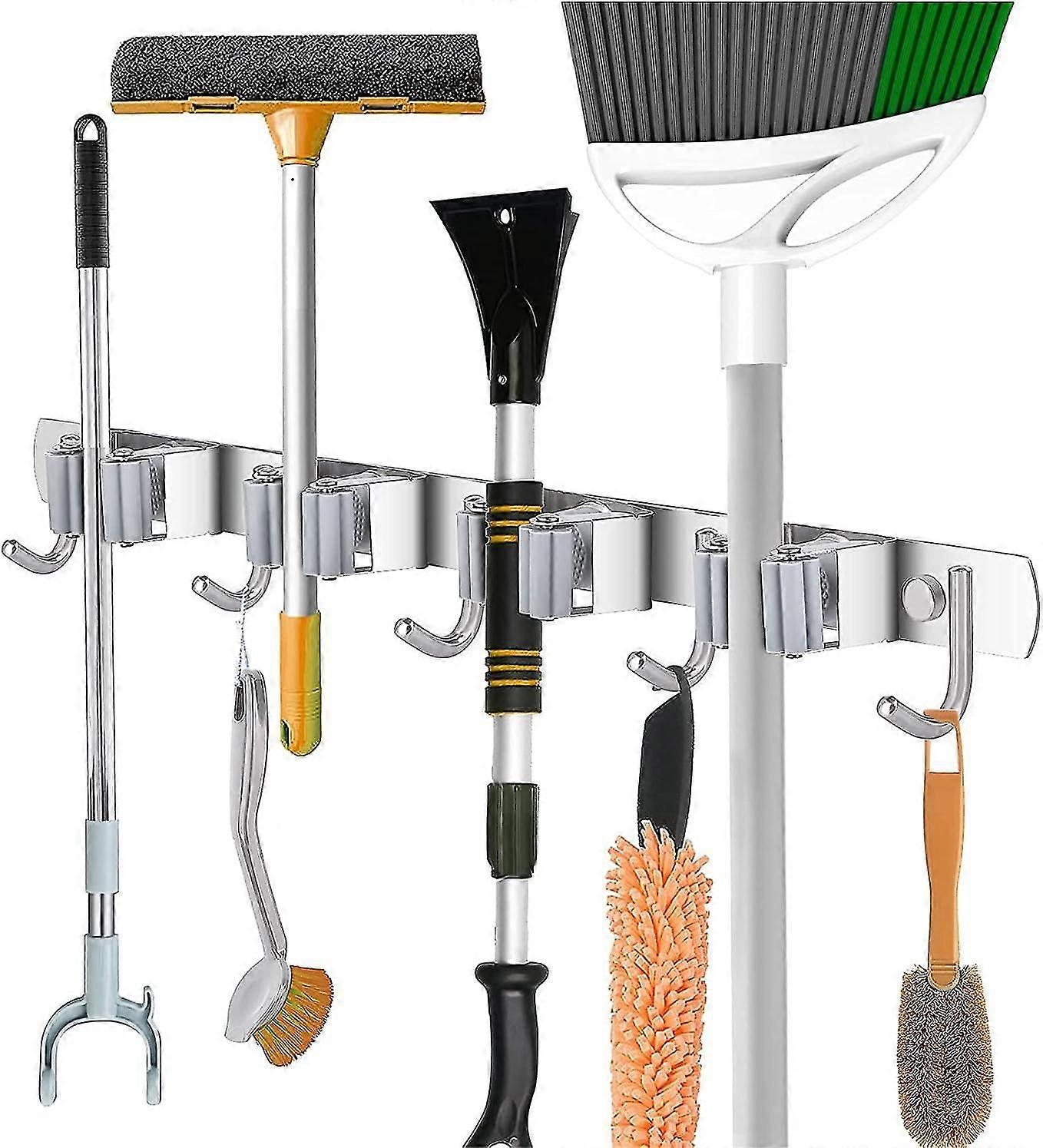 Κάτοχος σκούπας από ανοξείδωτο χάλυβα και διοργανωτής για το σπίτι, την κουζίνα, το γκαράζ (4 θέσεις και 5 γάντζους)