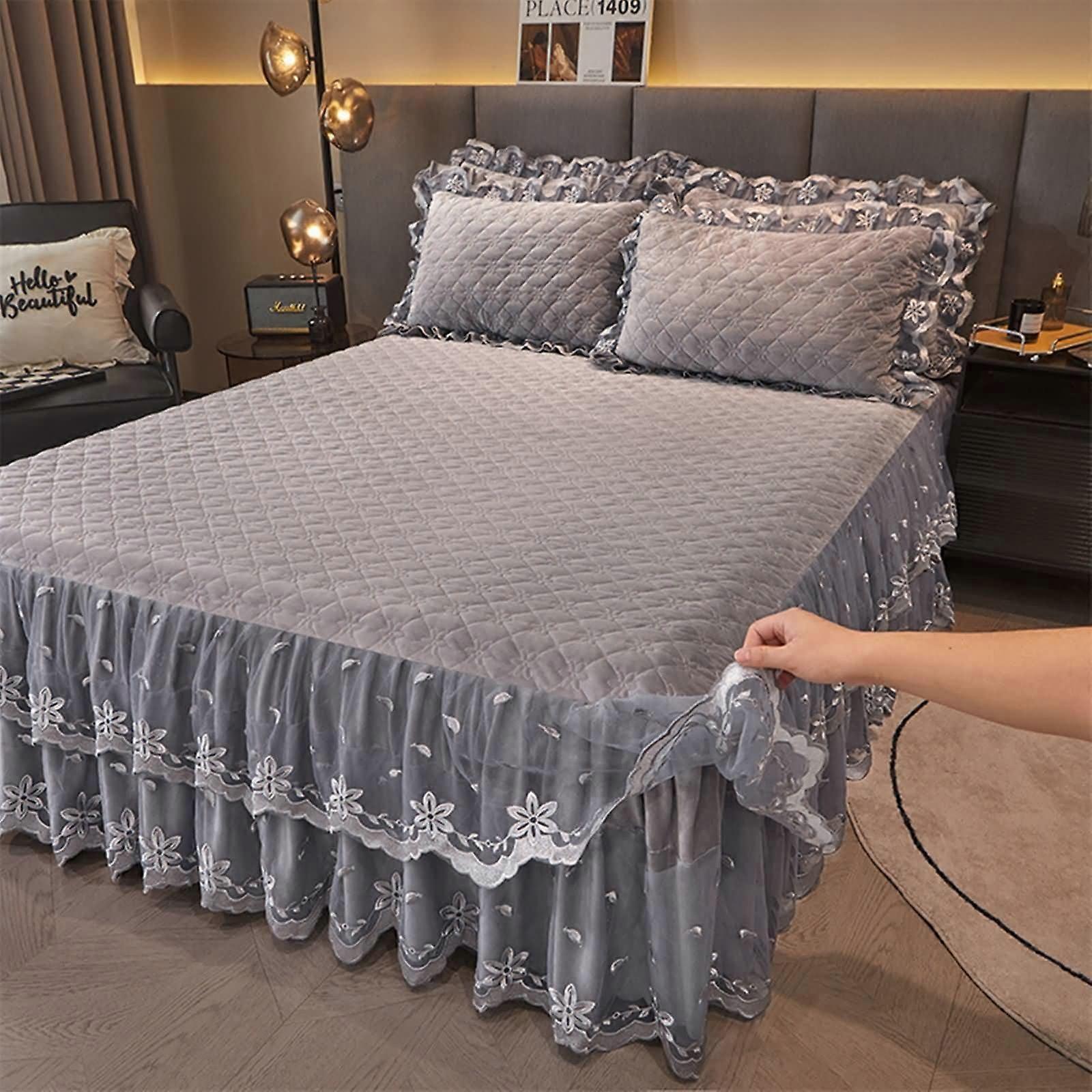 Fitted Sheet 180 x 220 cm NonSlip Velvet Embroidered Lace Pattern Elastic WrinkleResistant Silver Grey Box Spring
