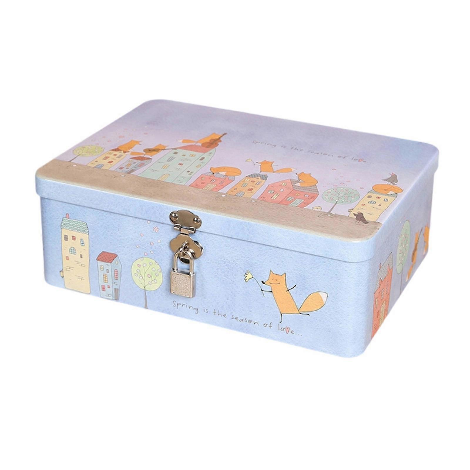 Vintage tinplate box with lock key desktop storage box  Sky Blue