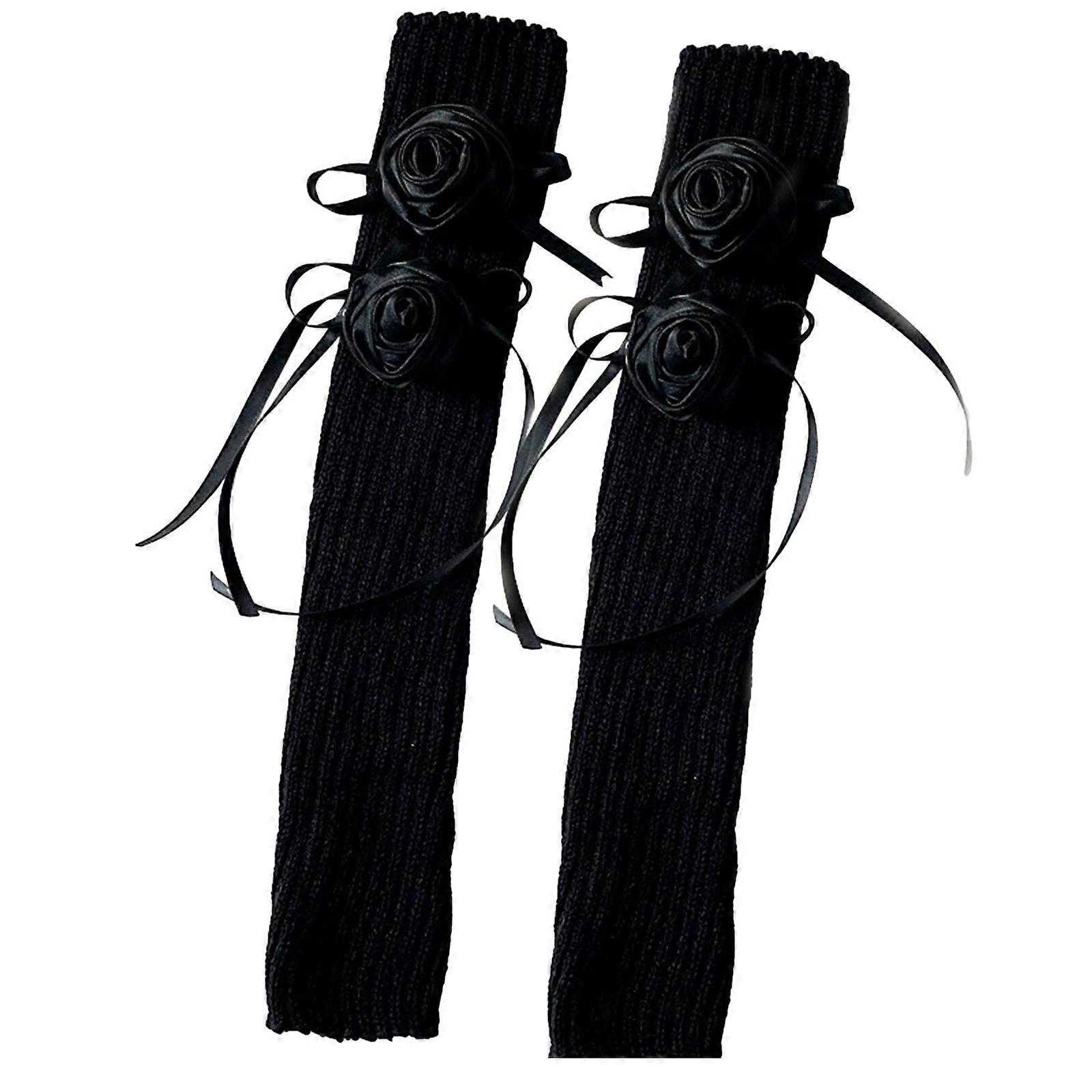 נשים בסגנון צרפתי מחממי רגליים לסרוג מצולע JK ילדה מתוק מלאכותי ורד פרח פפיון מגפיים חפתים כיסוי רגל גרביים ארוכות שחור