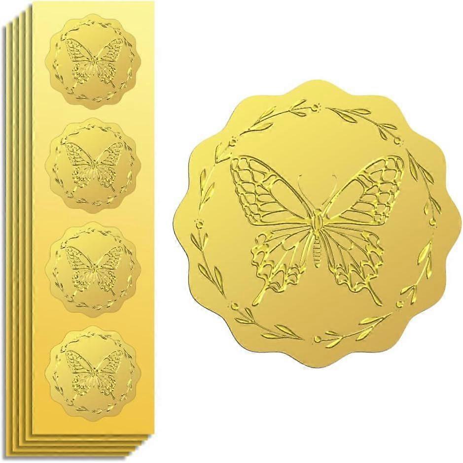 Gold Foil Sticker Seal Embossed Butterfly and Wreath 2 Inch 100Pcs Self Adhesive Golden Around Embossing Decals for Invitation Certificate Envelope Se