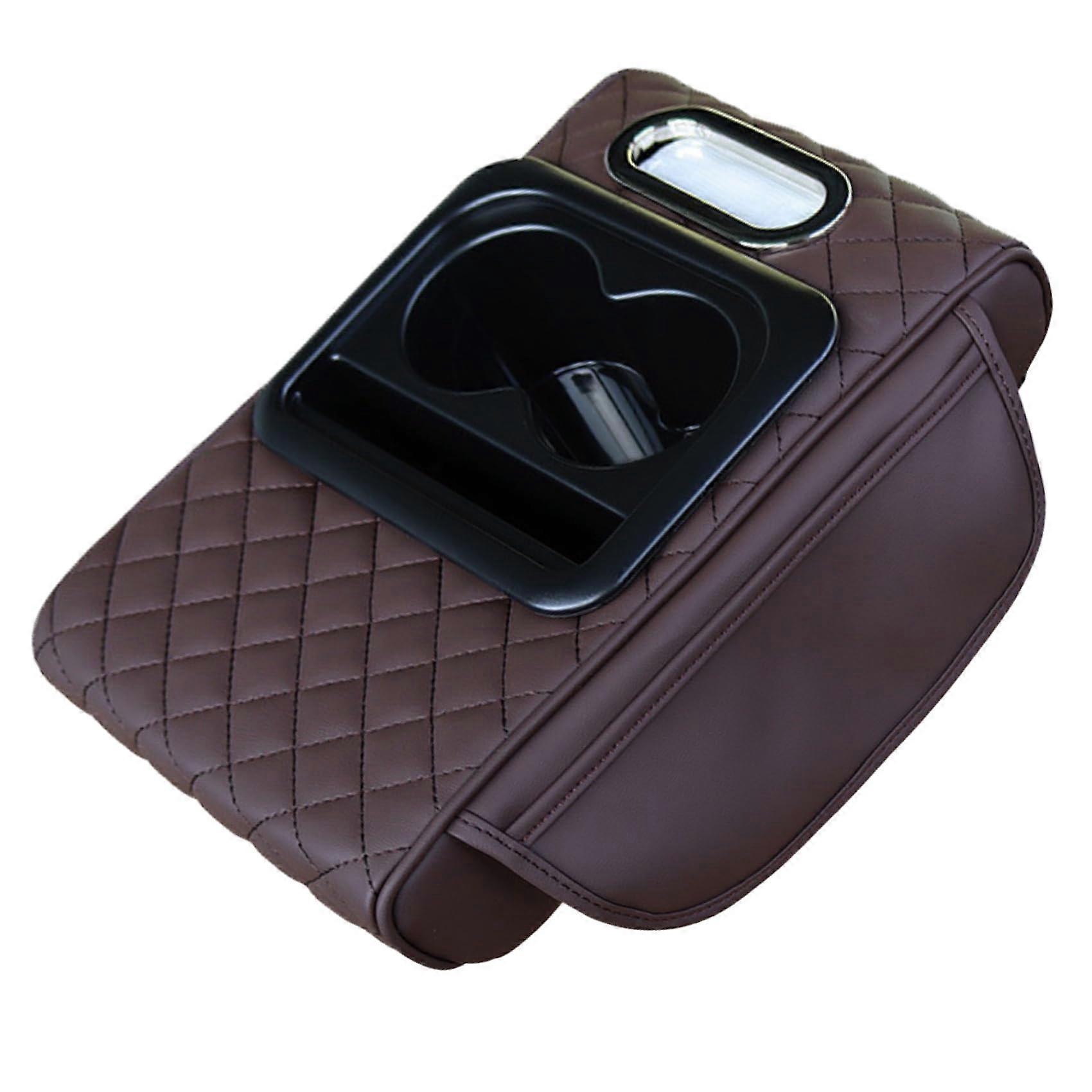 Leather Car Armrest Cushion with Storage and Cup Holder Compatible with Universal Center Console Organizer for SUVs Sedans