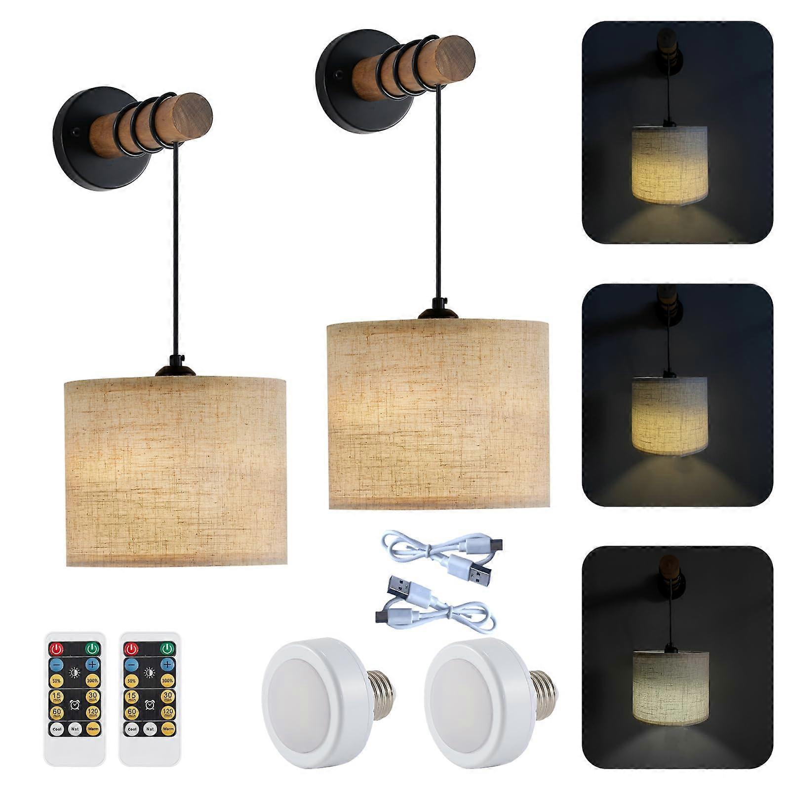 Rechargeable Wall Sconces Set of 2 with Remote, Adjustable 3 Color LED, Wooden Arm Lamps for Bedroom