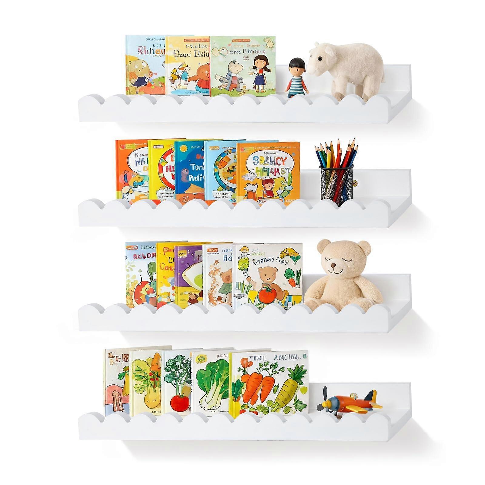 Set of 4 White Floating Nursery Wall Shelves with Scalloped Edge, Rustic Wood for Baby and Kids Room