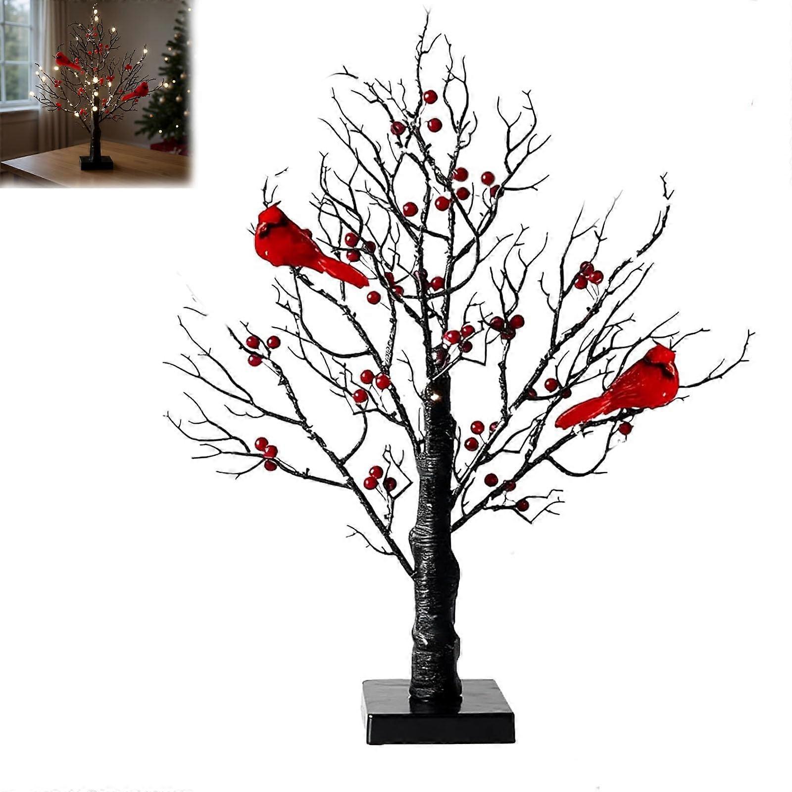 Christmas LED Tree with Warm Glow and Red Birds, Lighted Tabletop Holiday Centerpiece Decor