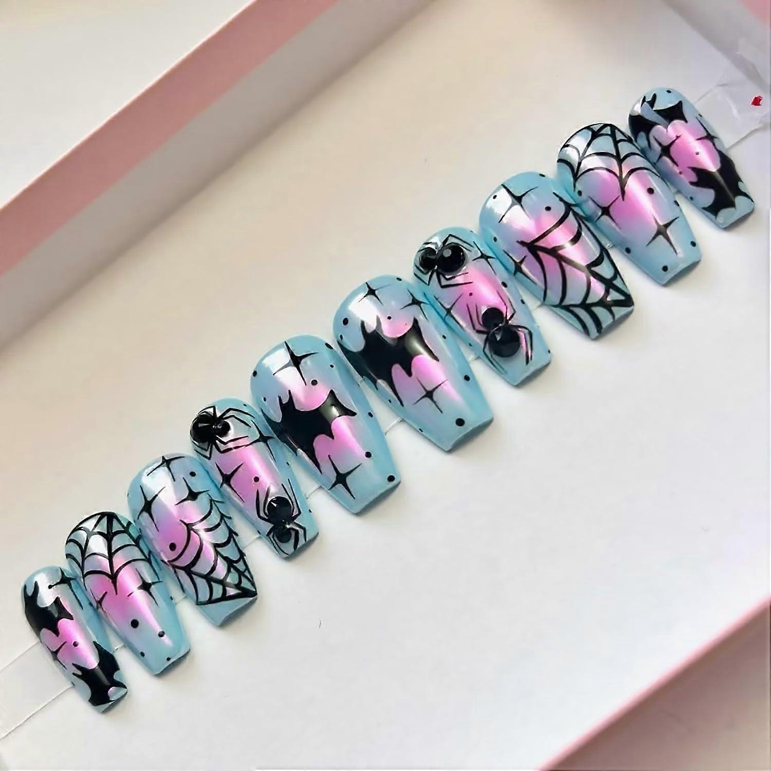 Halloween Coffin Press On Nails with Spider Web and Bat Design, Reusable 24pcs Medium Acrylic