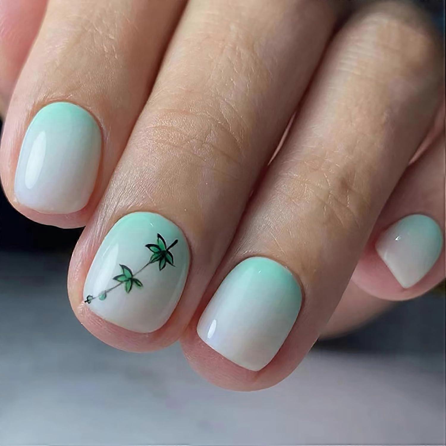 Short Square Press on Nails Green Gradient Glossy Leaf Design Fake Nails 24 Pcs with Application Kit