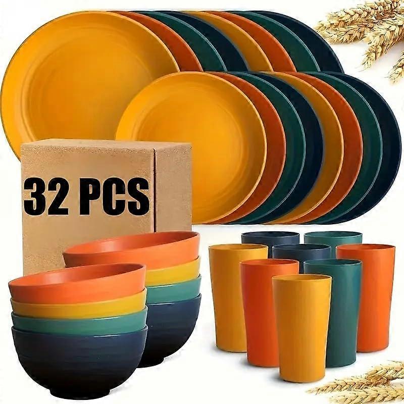 Wheat Straw Dinnerware Set for 4, 32pc Unbreakable Lightweight Plates Bowls Cups, Colorful