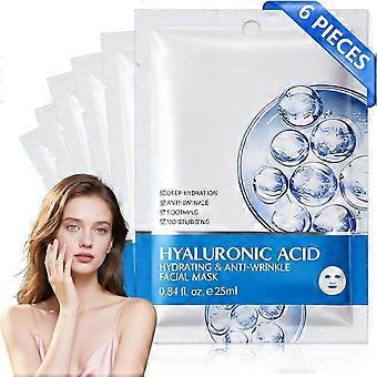 6 Pieces Hyaluronic Acid Facial Sheet Mask, Soothing Moisturizing Anti-Wrinkle Face Masque, Plumping Hydrating Skin Calming Mask for All Skin Types, 2