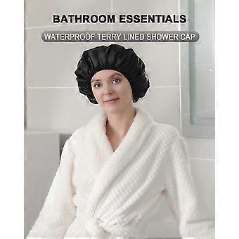 Douchemutsen met badstof voering, drielaagse grote muts voor vrouwen, herbruikbare mutsen voor lang en dik haar, waterdicht, wasbaar, zacht en comfortabel voor de haarverzorging tijdens het baden.