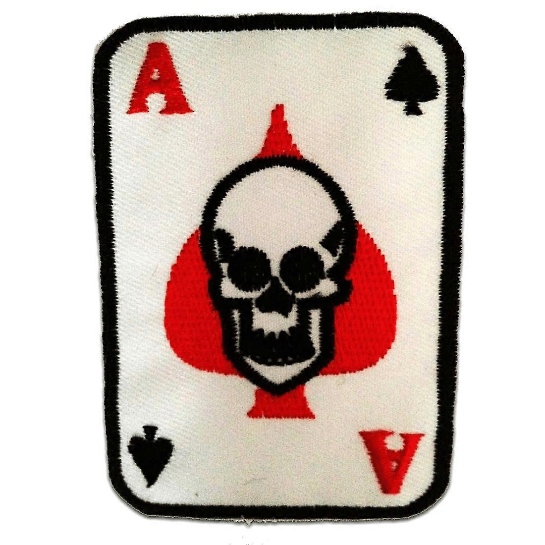 Patch / Iron-on Patch - Poker Ace Card Skull Biker - White - 5.5cm x 8cm Patch